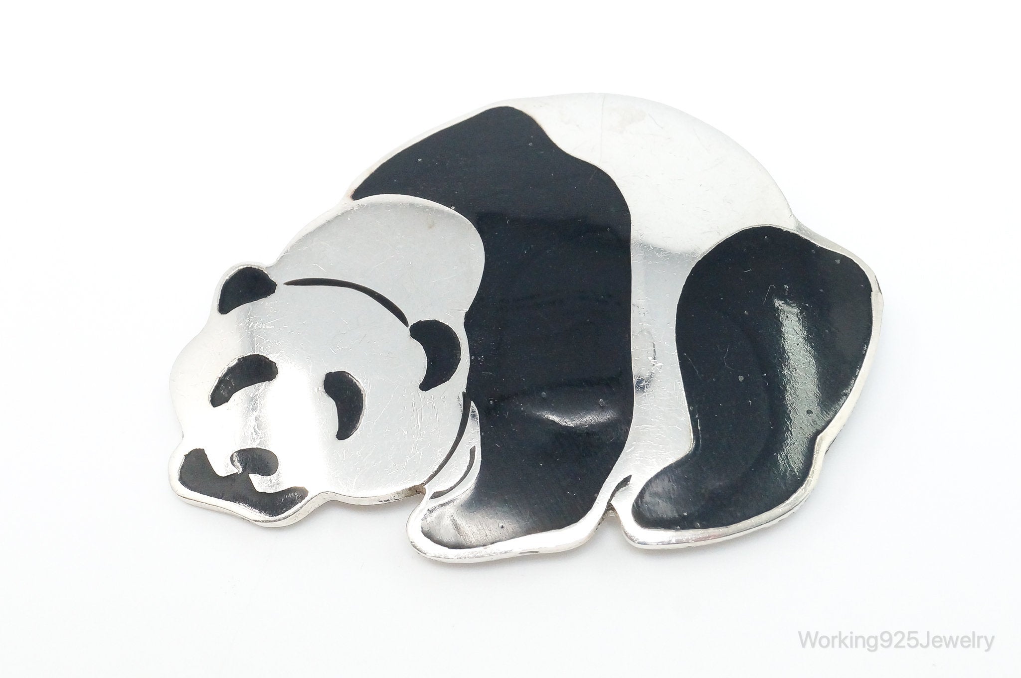 Large Vintage Mexico Enamel Panda Sterling Silver Brooch Pendant