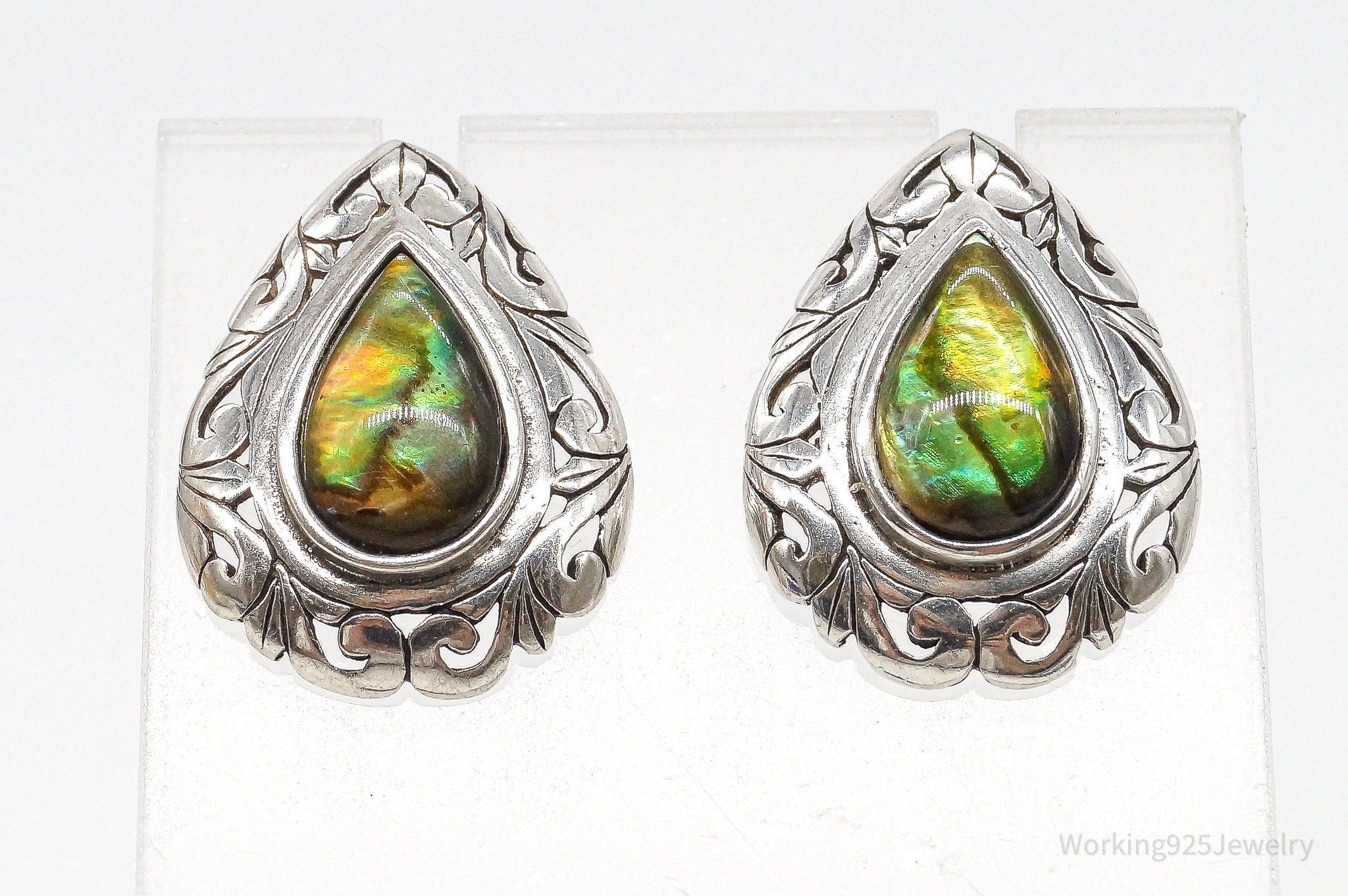 Large Vintage Abalone Paua Shell Sterling Silver Earrings