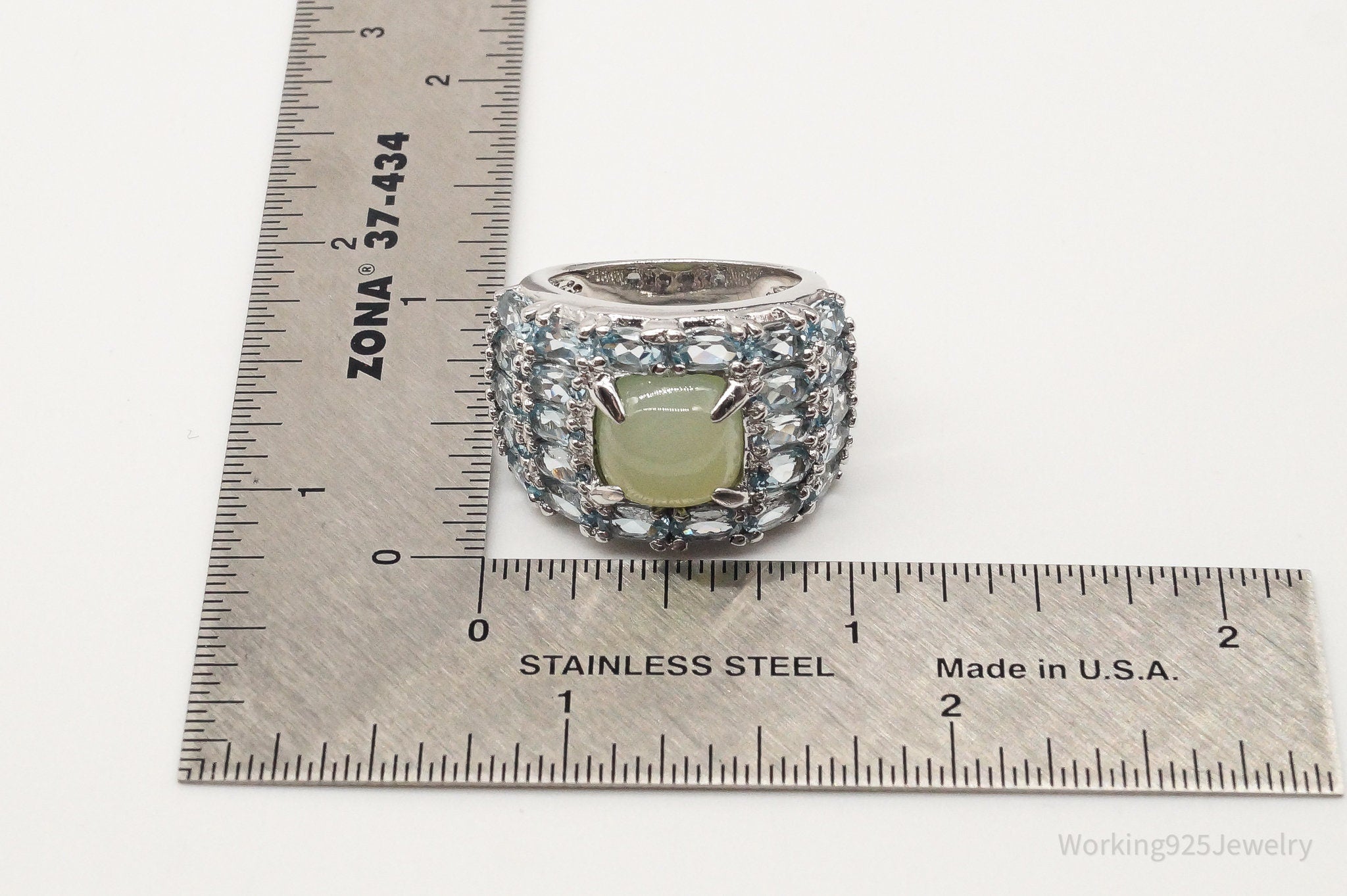 Vintage Green Chalcedony Blue Topaz Sterling Silver Ring - Size 7