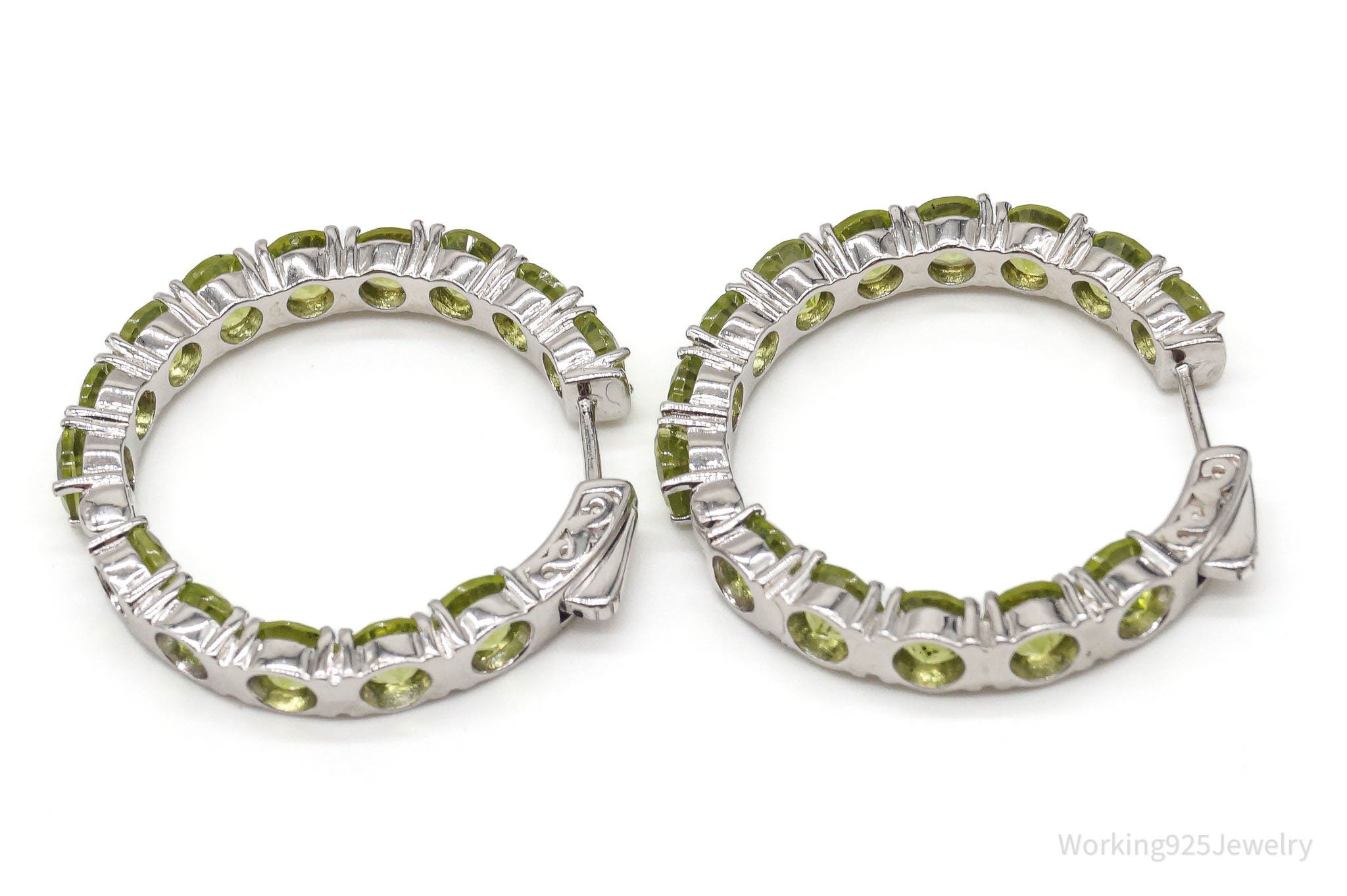 Large Designer SD Peridot Rhodium Over Sterling Silver Hoop Earrings