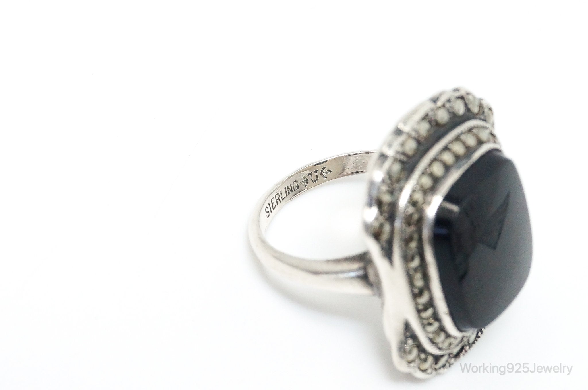 Antique Designer Uncas MFG CO Black Onyx Marcasite Sterling Silver Ring SZ 6.5