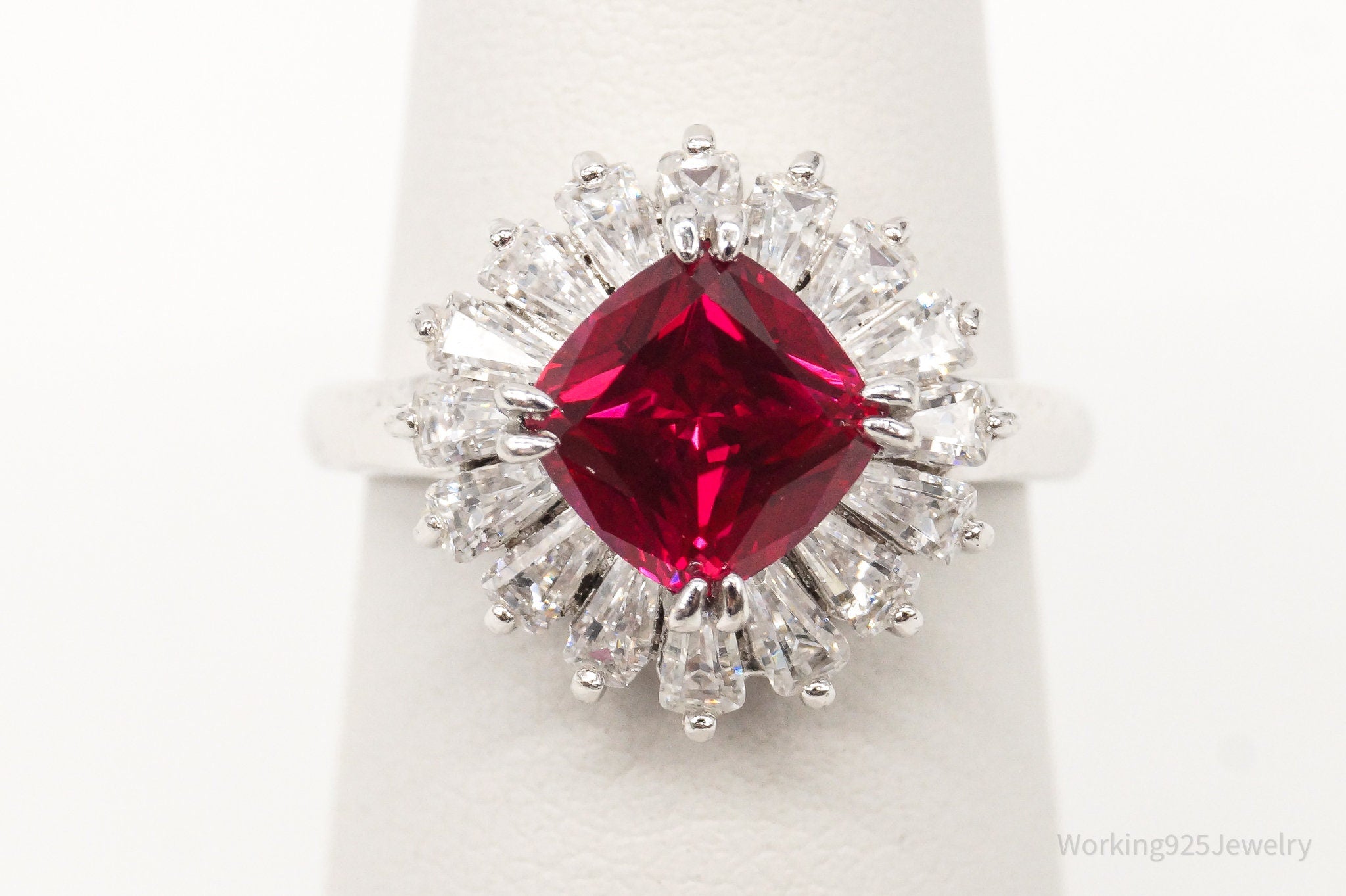 Vintage Lab Ruby Cubic Zirconia Platinum Clad Sterling Silver Ring - Size 5