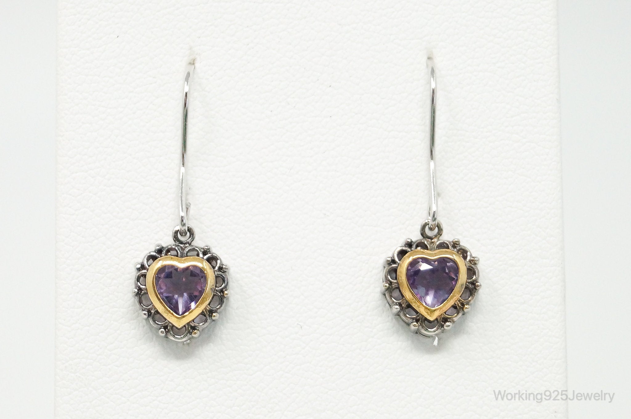 Designer FAS Gold Vermeil Amethyst Hearts Sterling Silver Earrings