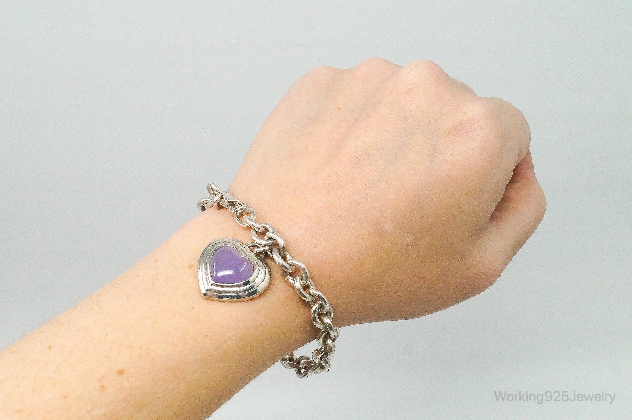 Designer CNA Lavender Jade Heart Chain Link Sterling Silver Bracelet