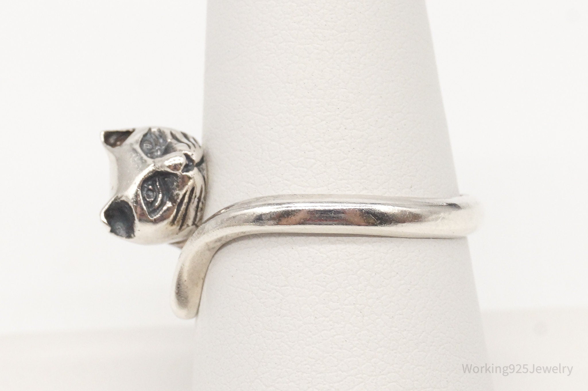 Vintage Designer BOMA Cat Kitty Kitten Sterling Silver Ring - Size 8.25 Adj.