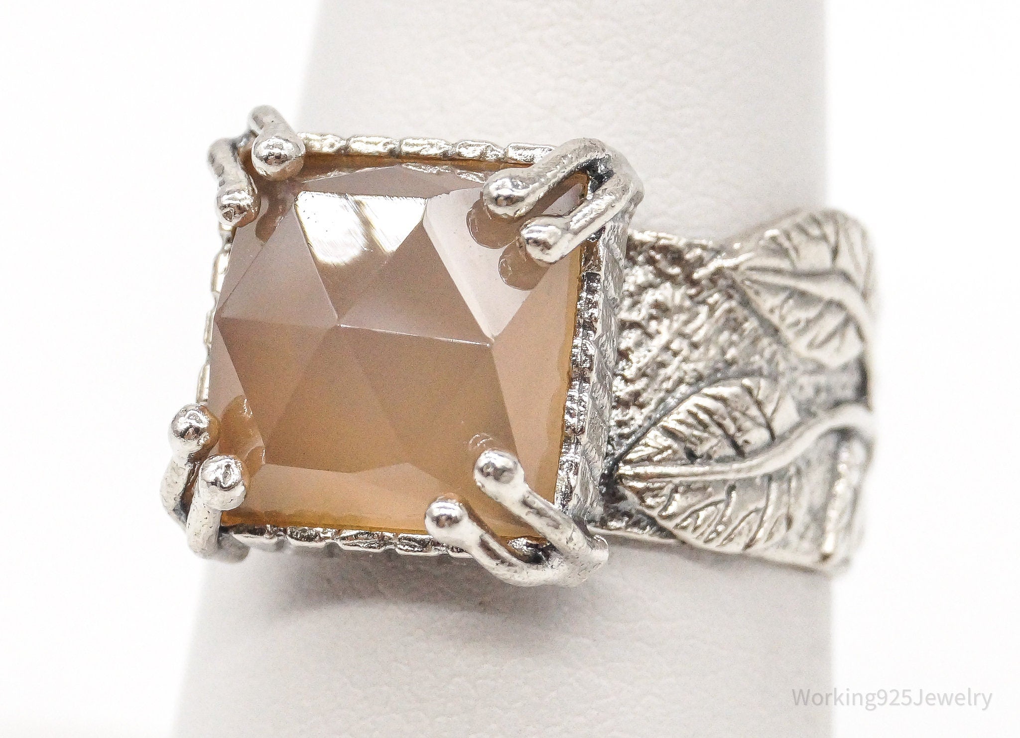 Designer Peach Chalcedony Leaves & Vines Sterling Silver Ring - Size 7.25