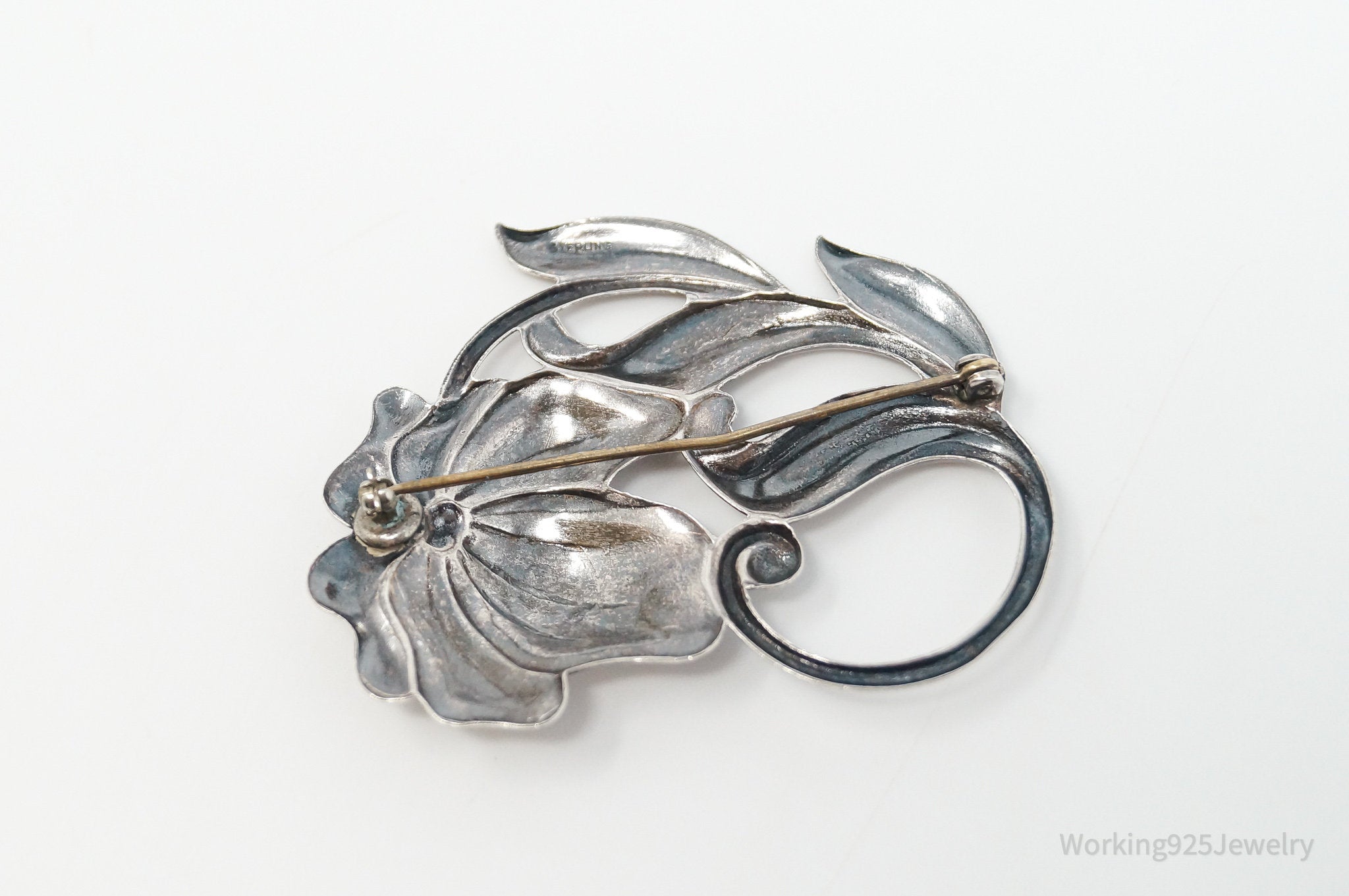 Antique Large Art Nouveau Style Floral Oxidized Sterling Silver Brooch Pin