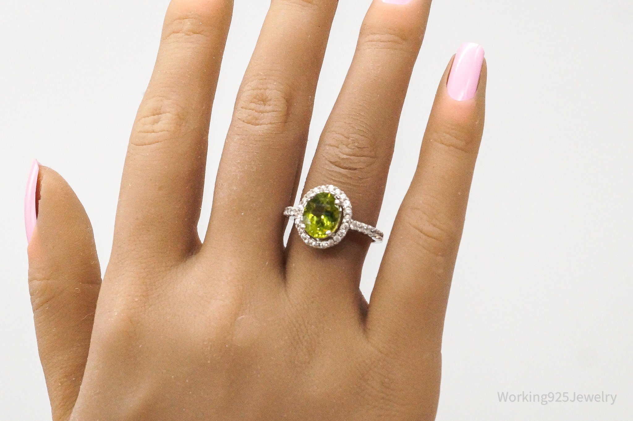 Vintage Designer KJC Peridot Cubic Zirconia Sterling Silver Ring - Size 8