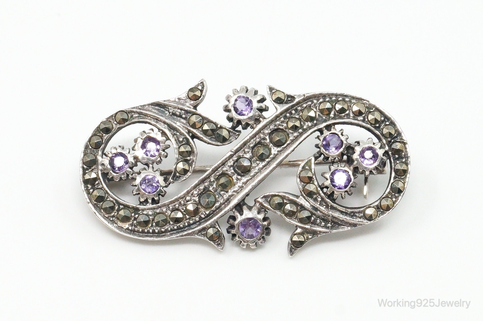 Vintage Designer FAS Amethyst Marcasite Art Deco Sterling Brooch Pin