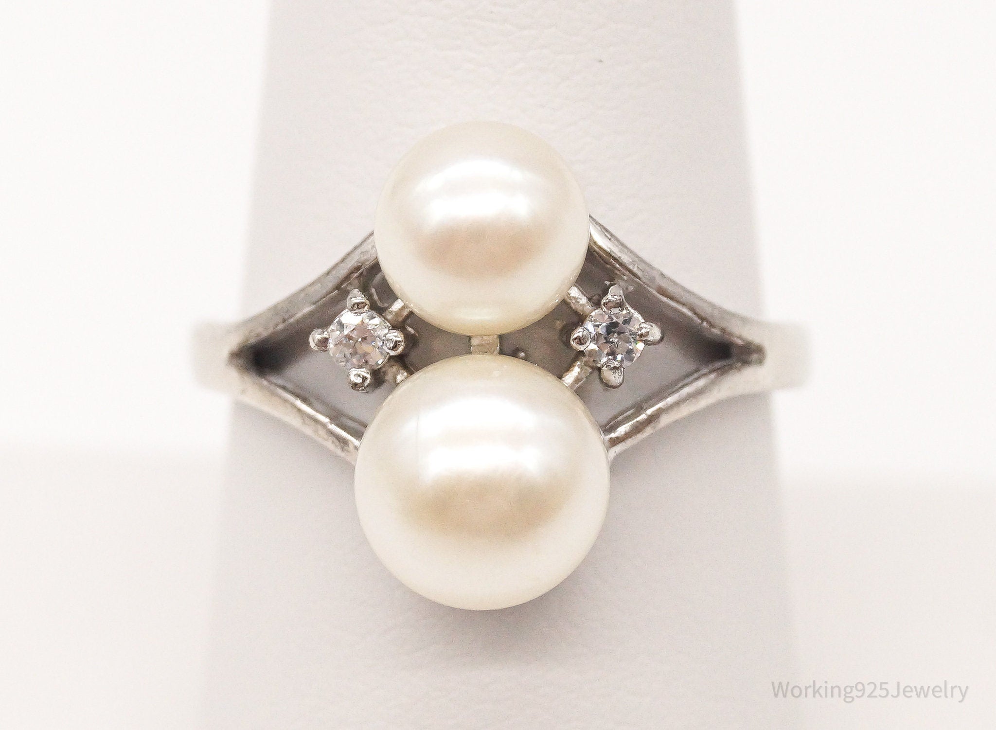 Vintage Faux Pearl Cubic Zirconia Sterling Silver Ring - Size 8