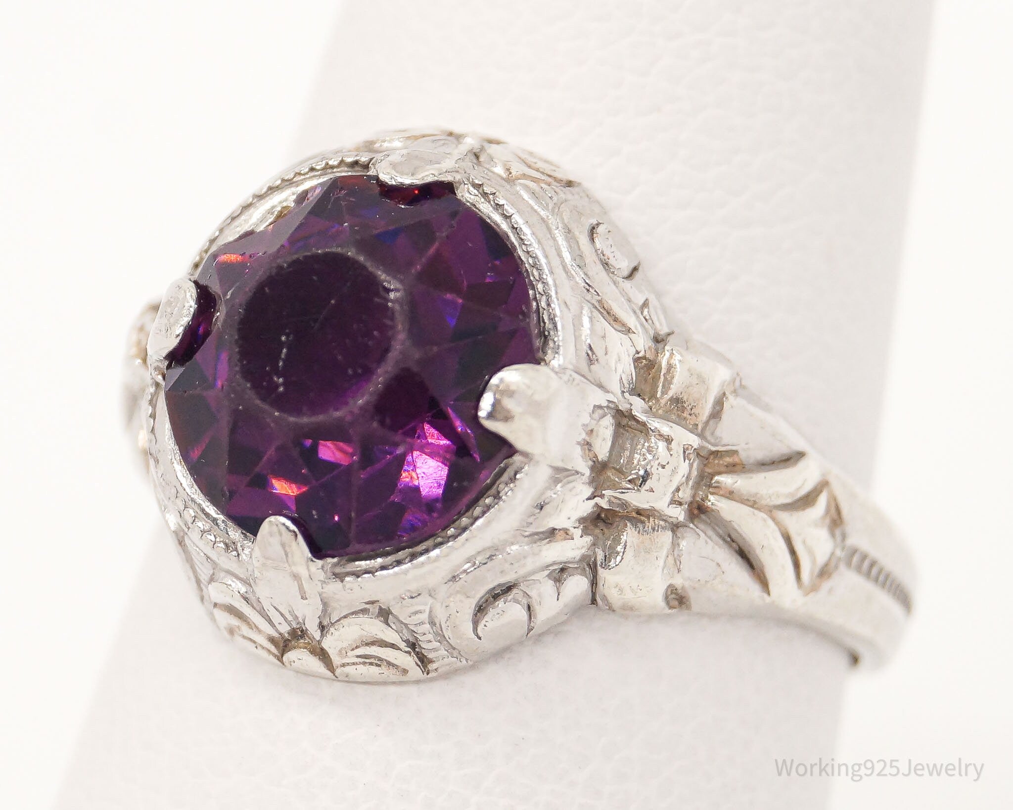 Antique Uncas Purple Glass Stone Sterling Silver Ring - Size 6