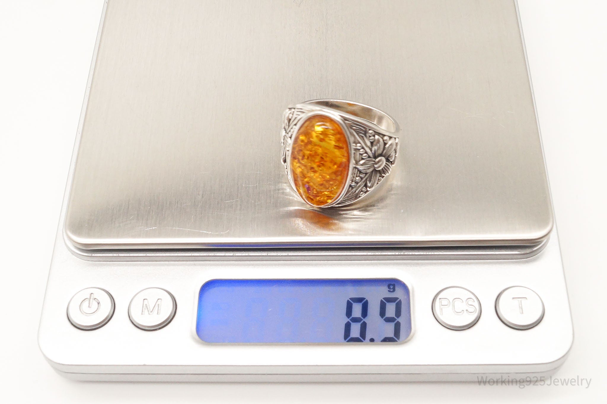 Vintage Designer BBJ Large Amber Sterling Silver Ring - Size 11