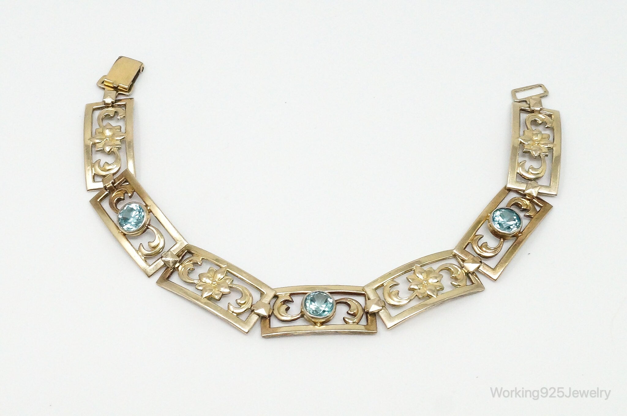 Vintage Designer Symmetalic 14K Gold Blue Topaz Art Deco SterlingSilver Bracelet