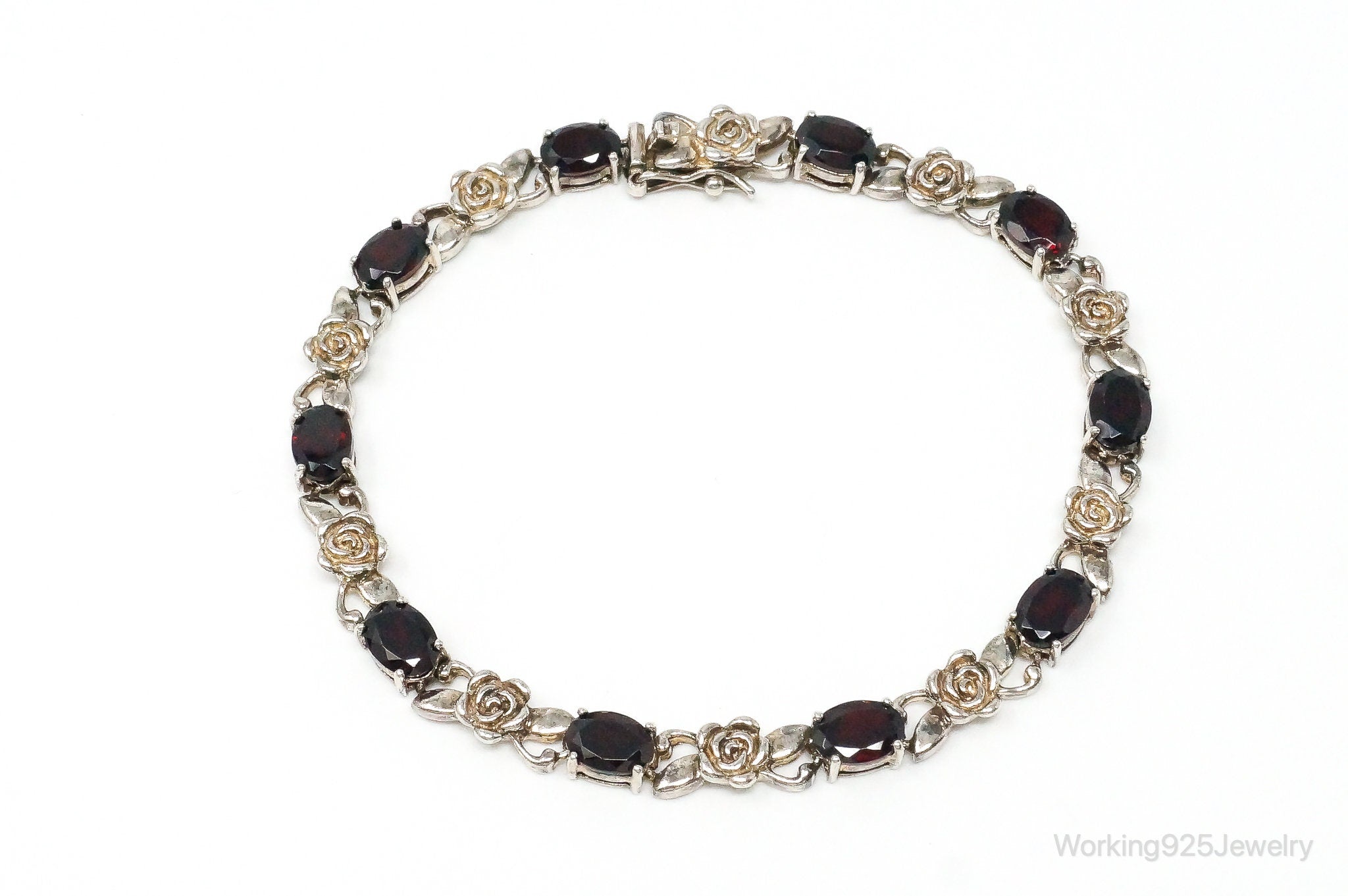 Vintage Garnets & Roses Sterling Silver Bracelet