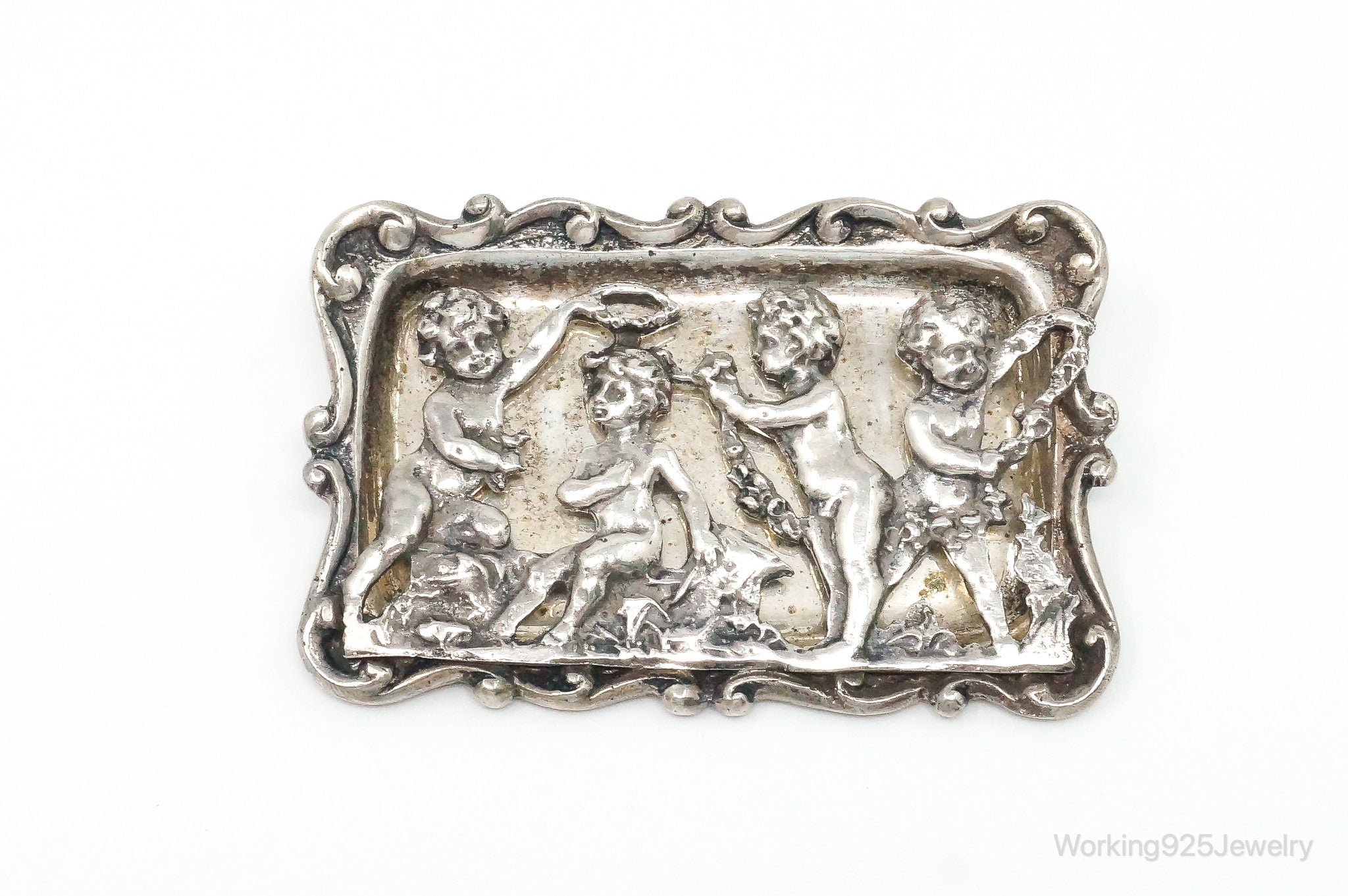 Rare Antique Handmade Cherubs With Garland Sterling Silver Brooch Pin