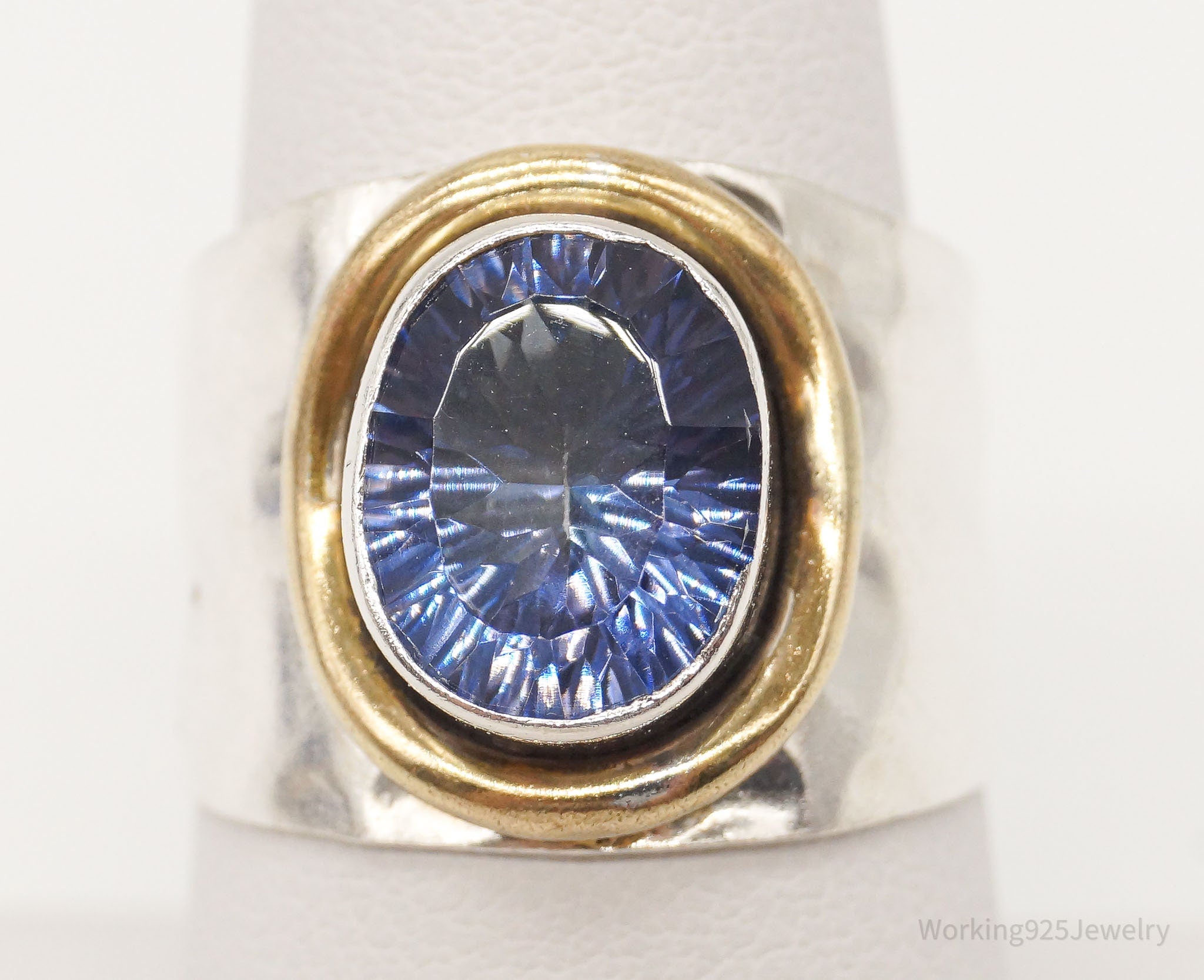 Vintage Large Blue Mystic Quartz Brass Sterling Silver Ring - 7.75