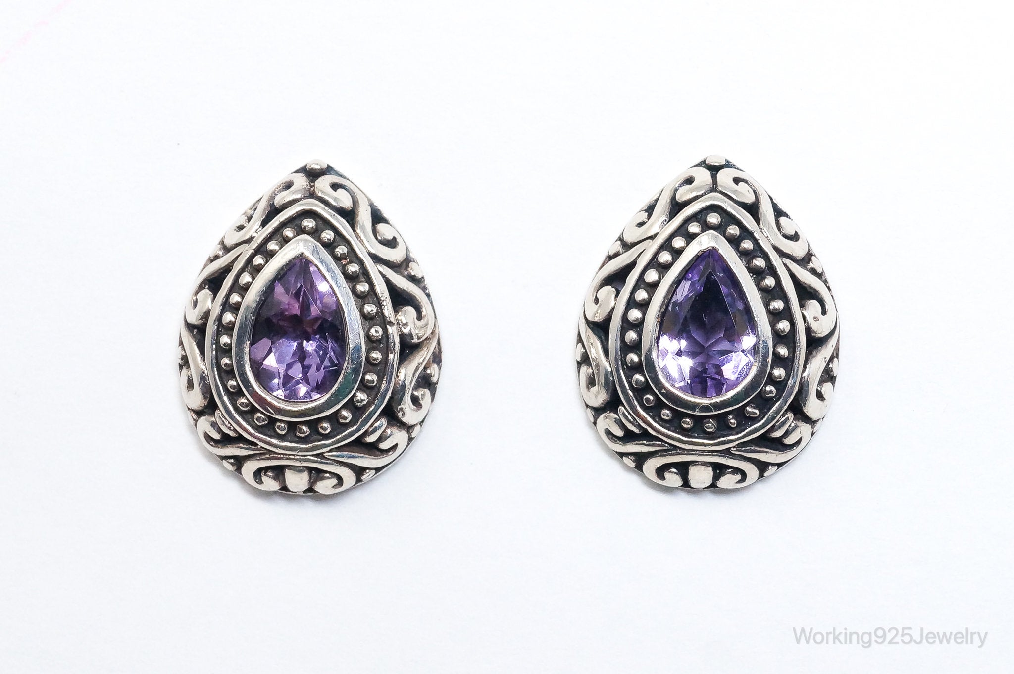 Vintage Designer Amethyst Scroll Sterling Silver Earrings