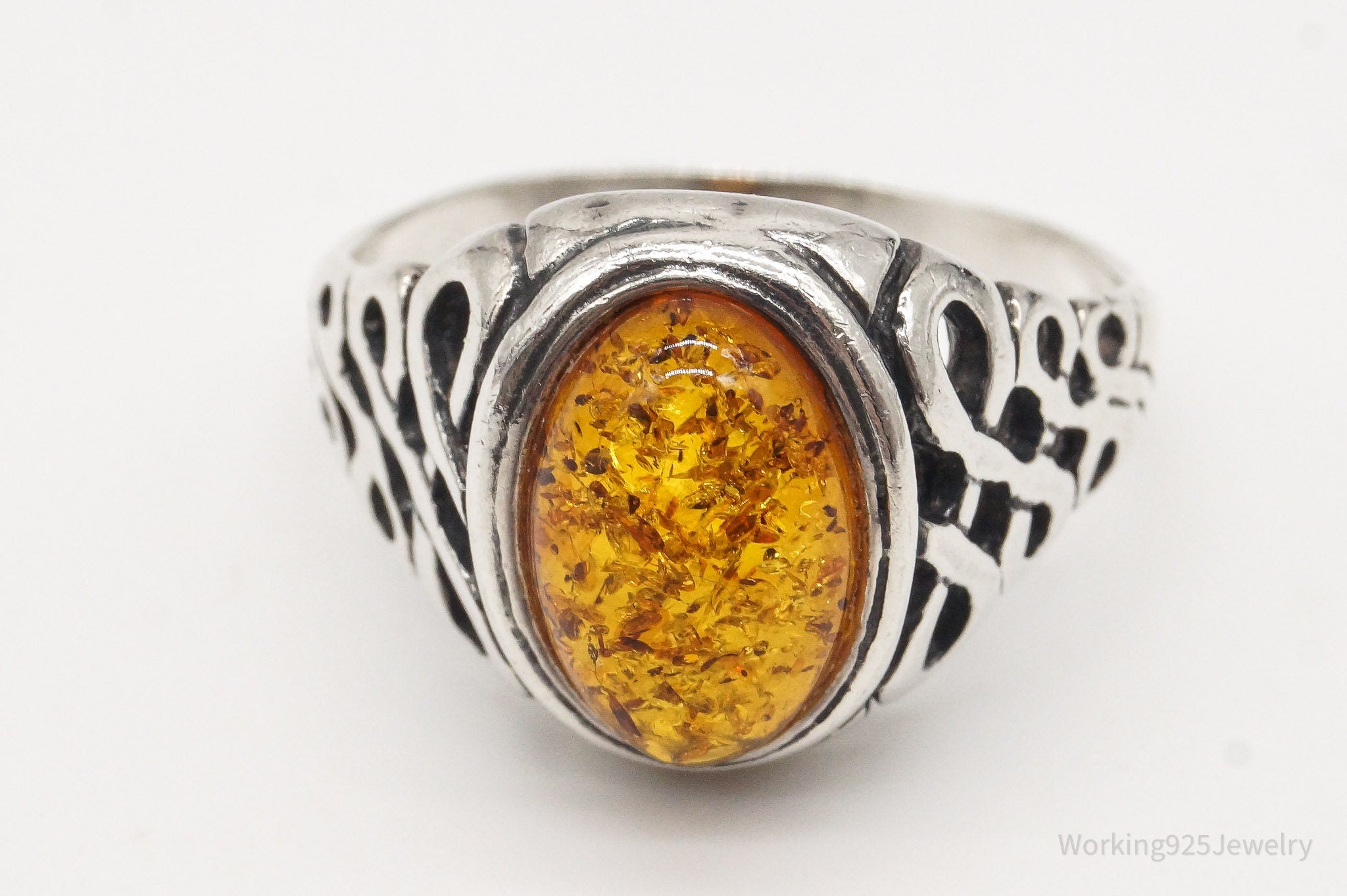 Vintage Amber Sterling Silver Ring - Size 9.5