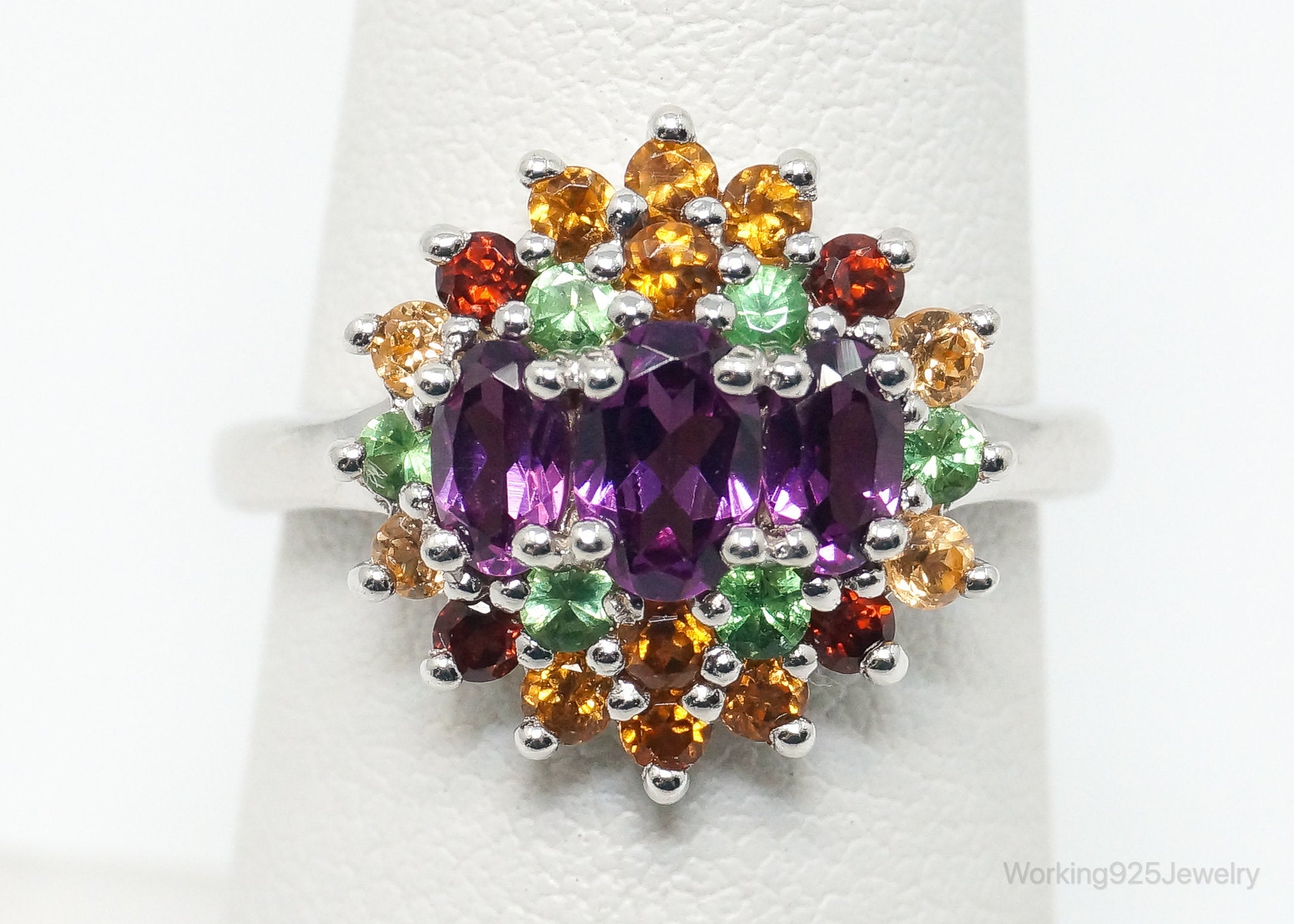 Vintage Art Deco Multi Gem Sterling Silver Ring - Size 6.75