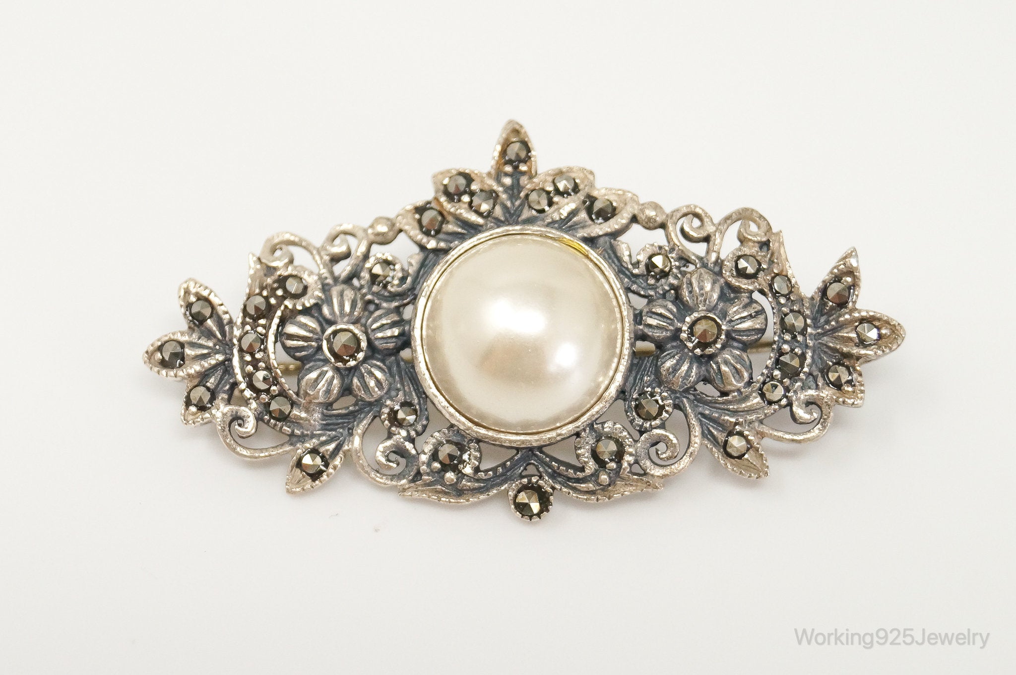 Vintage Boma Faux Pearl Marcasite Art Deco Floral Sterling Silver Brooch Pin