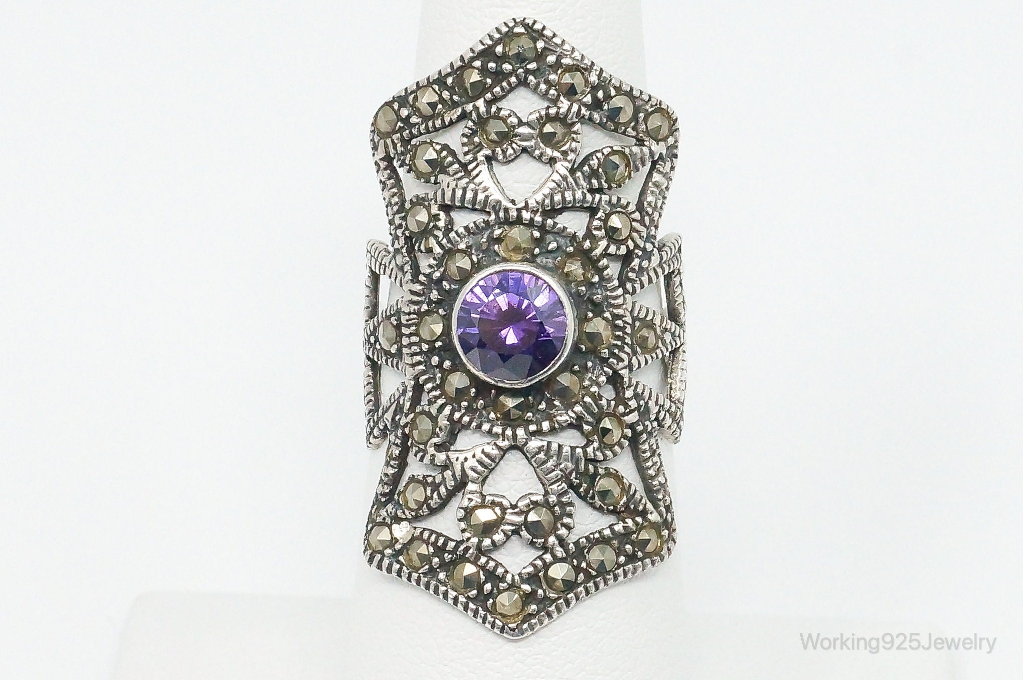 Vintage Art Deco Amethyst Marcasite Sterling Silver Ring - Size 6.5