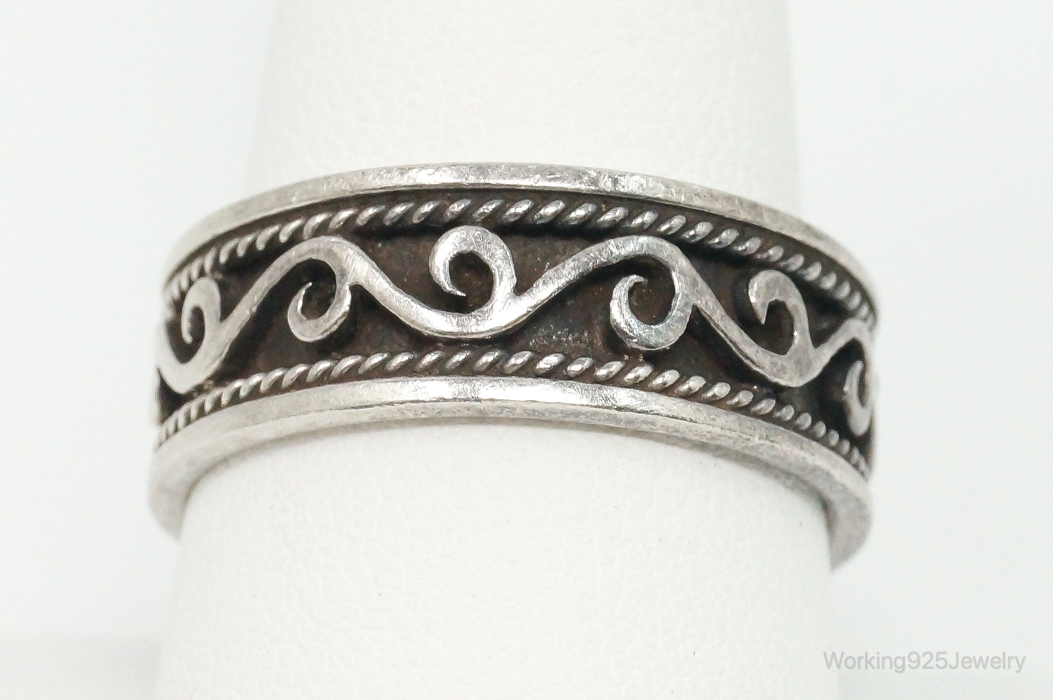 Vintage Bali Style Scroll Swirls Sterling Silver Band Ring - Size 8