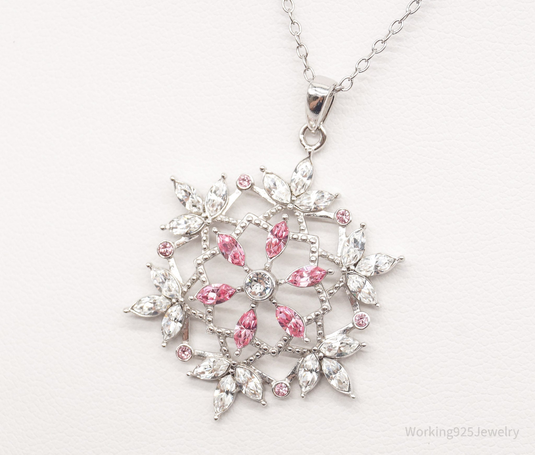 Vintage Designer RL Pink & White Crystal Snowflake Sterling Silver Necklace