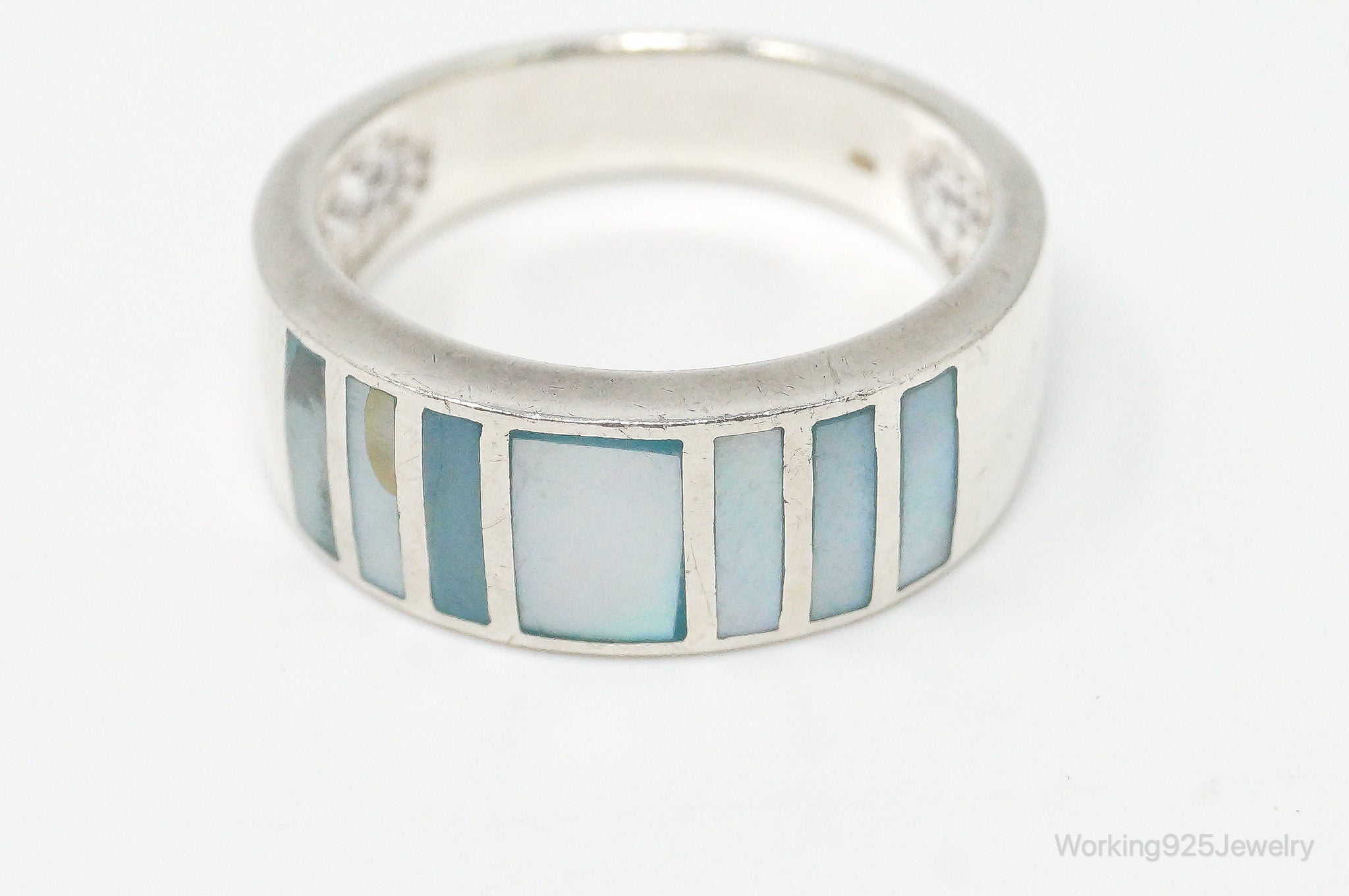 Vintage Blue Mother Of Pearl Sterling Silver Ring - Size 8.75