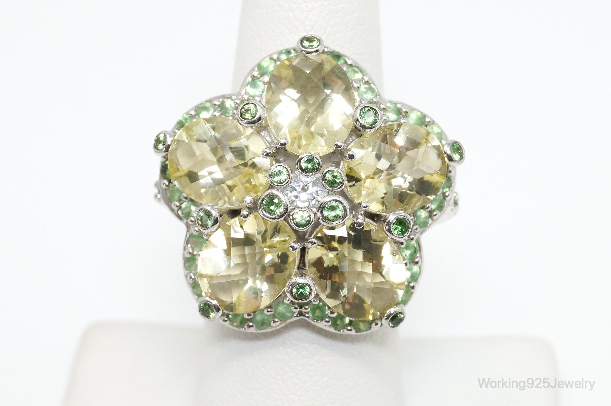 Vintage Flower Multi Gem Sterling Silver Statement Ring - Size 7