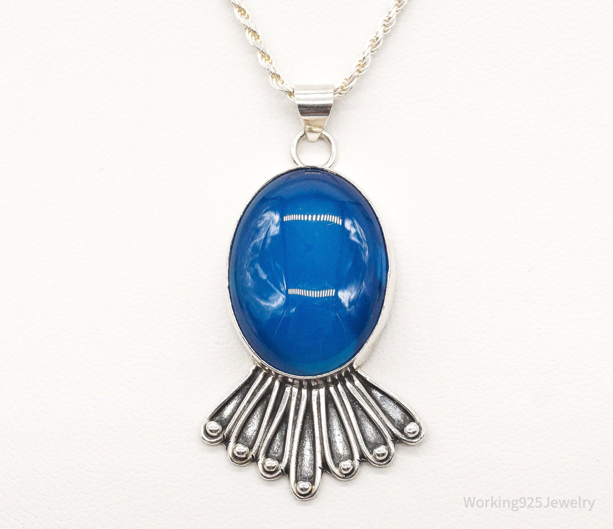 Vintage Deep Blue Chalcedony Sterling Silver Necklace