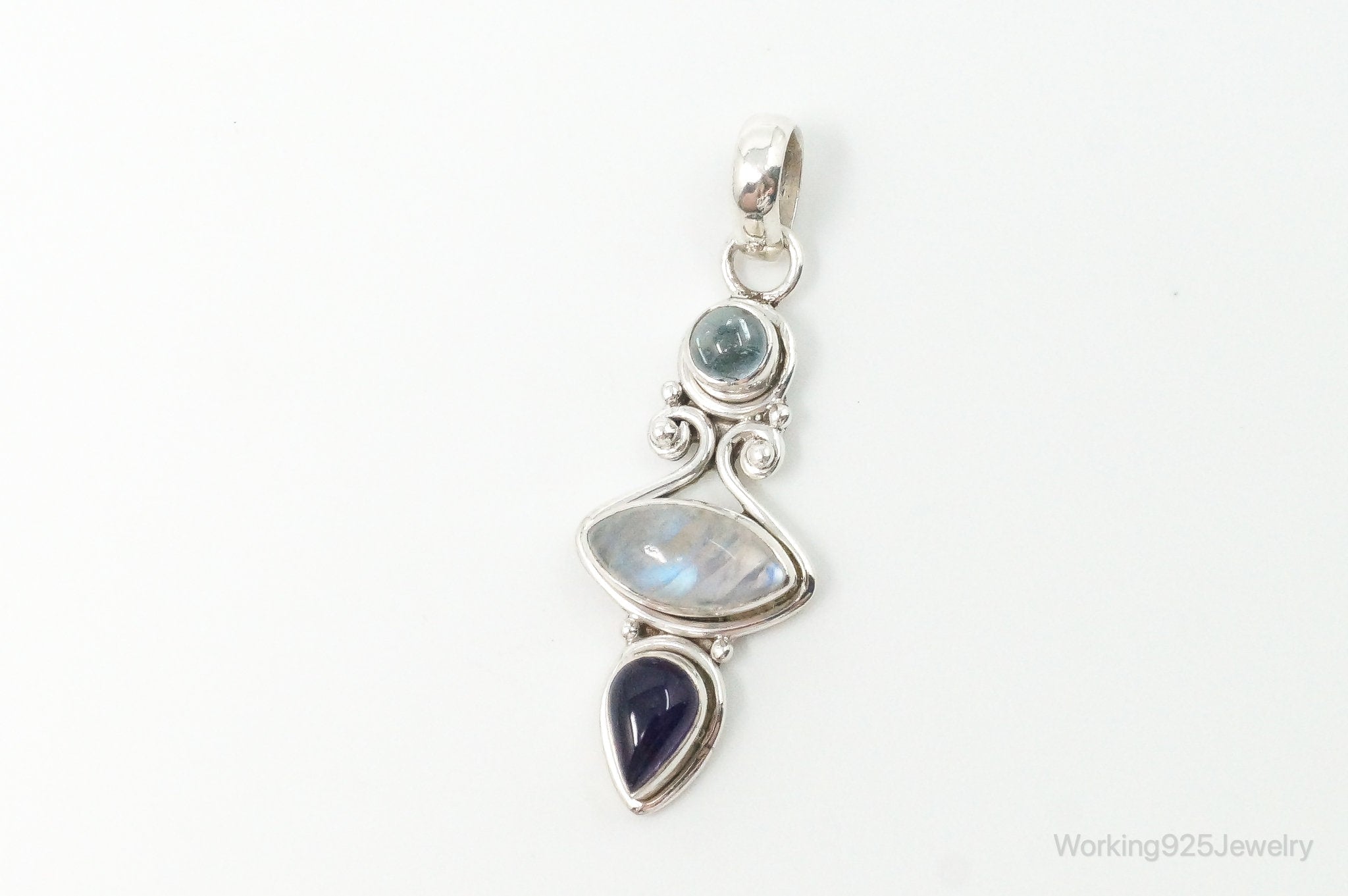 Vintage Blue Topaz Amethyst Moonstone Sterling Necklace Pendant