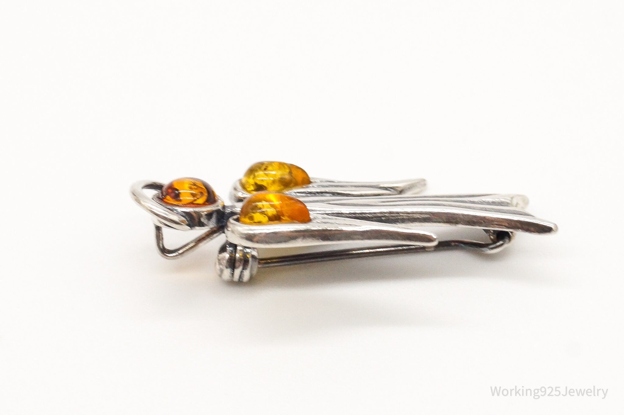 Vintage Amber Angel Sterling Silver Brooch Pin