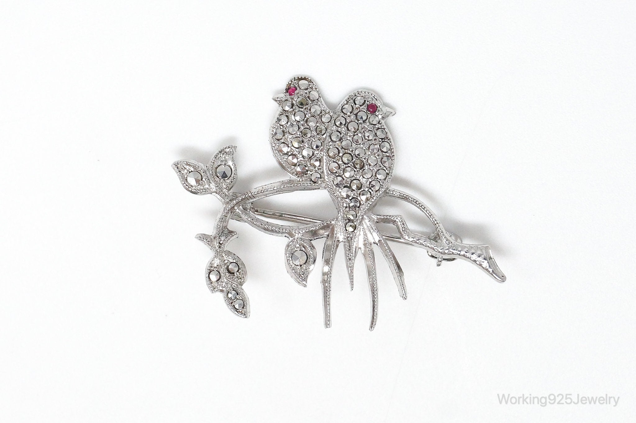 Vintage Birds On Branch Pink Gemstones Hematite Sterling Silver Pin Brooch