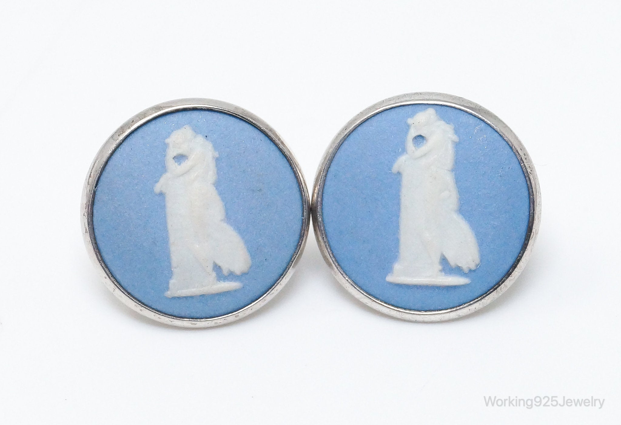 Vintage Designer Wedgewood Blue Jasperware Cameo FAW Silver Earrings