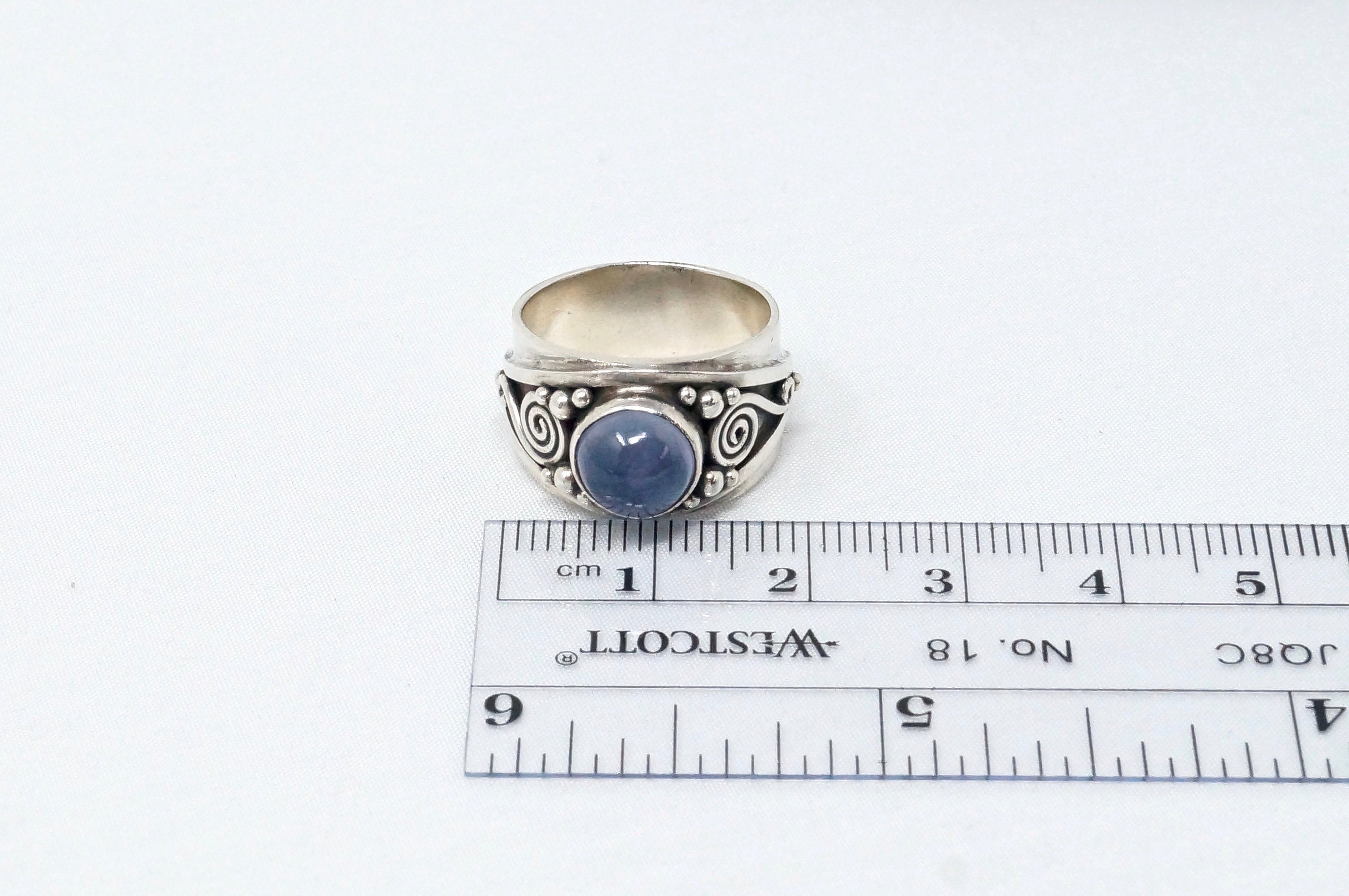 Vintage Blue Chalcedony Scroll Sterling Silver Band Ring - Size 5.5