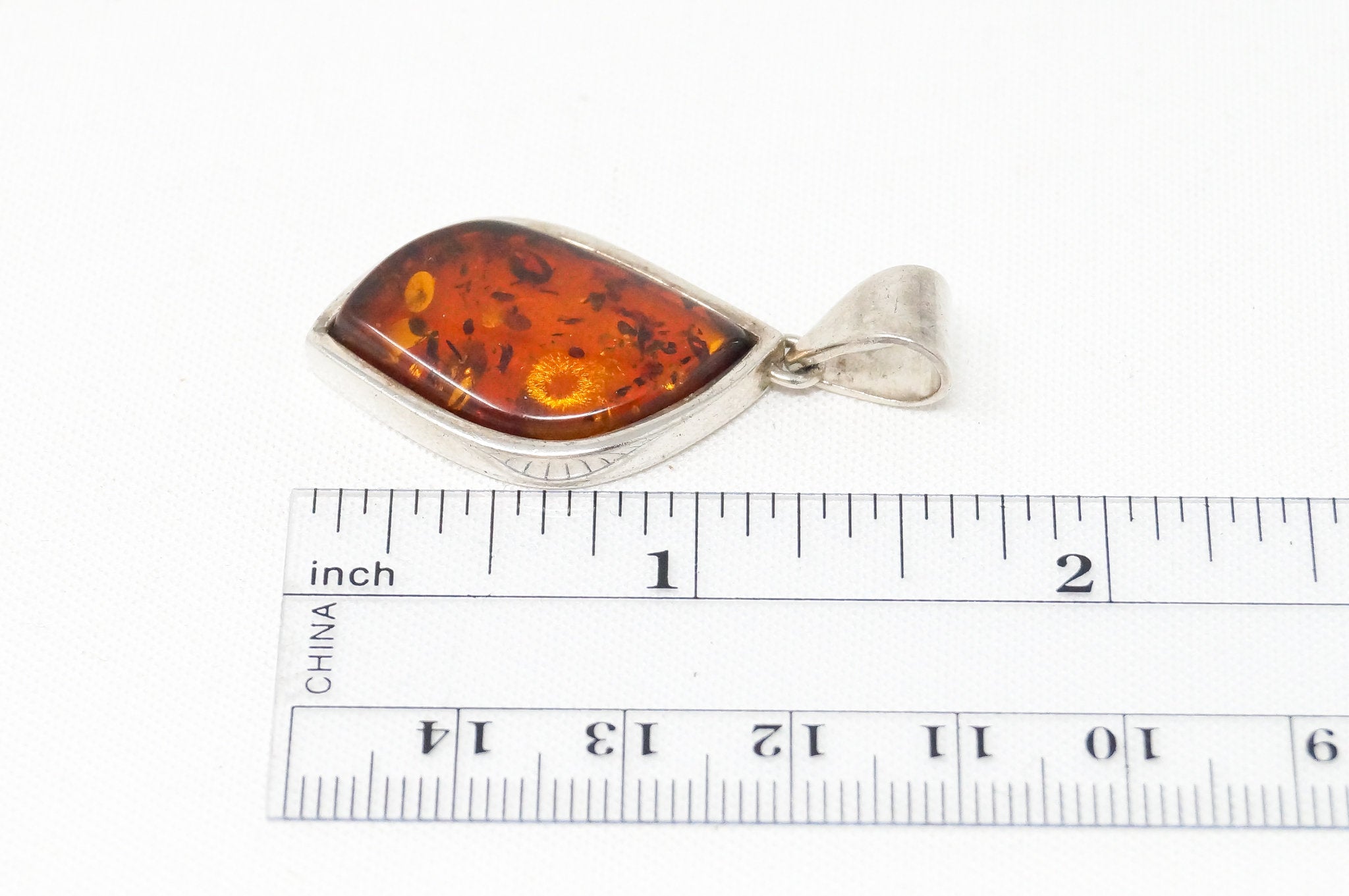 Vintage Amber Modernist Sterling Silver Necklace Pendant