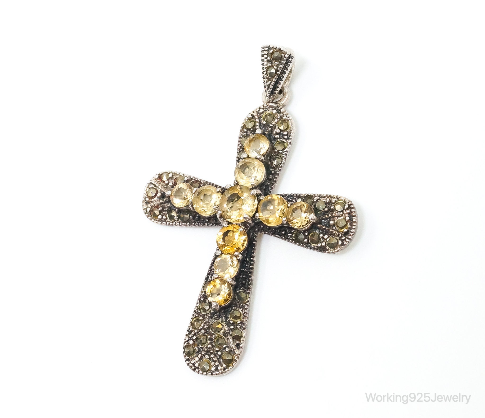 Large Vintage Citrine Marcasite Cross Sterling Silver Pendant