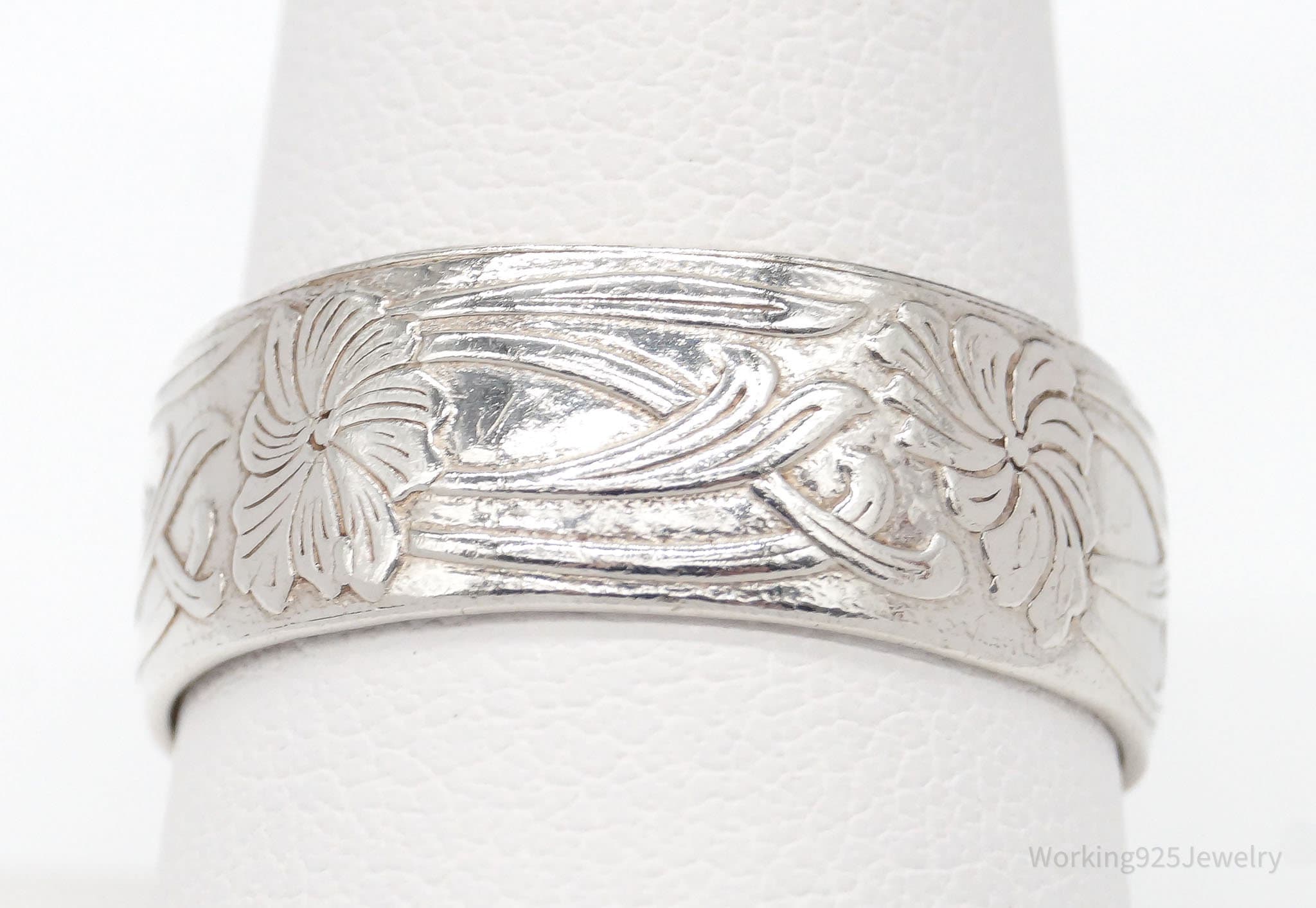 Antique Floral Art Nouveau Silver Band Ring - Size 9.75