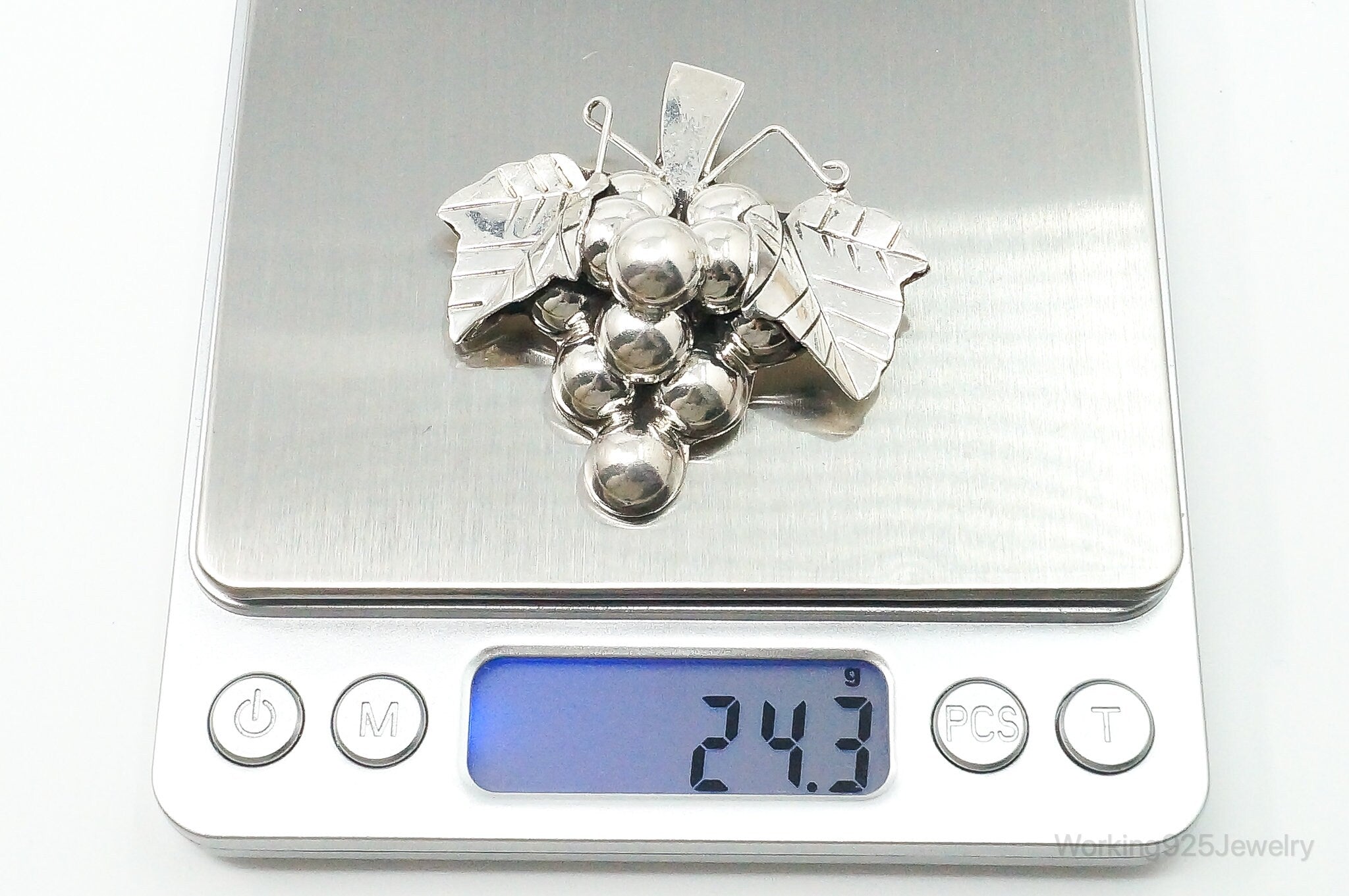 Large Vintage Mexico Modern Grapes Sterling Silver Pendant