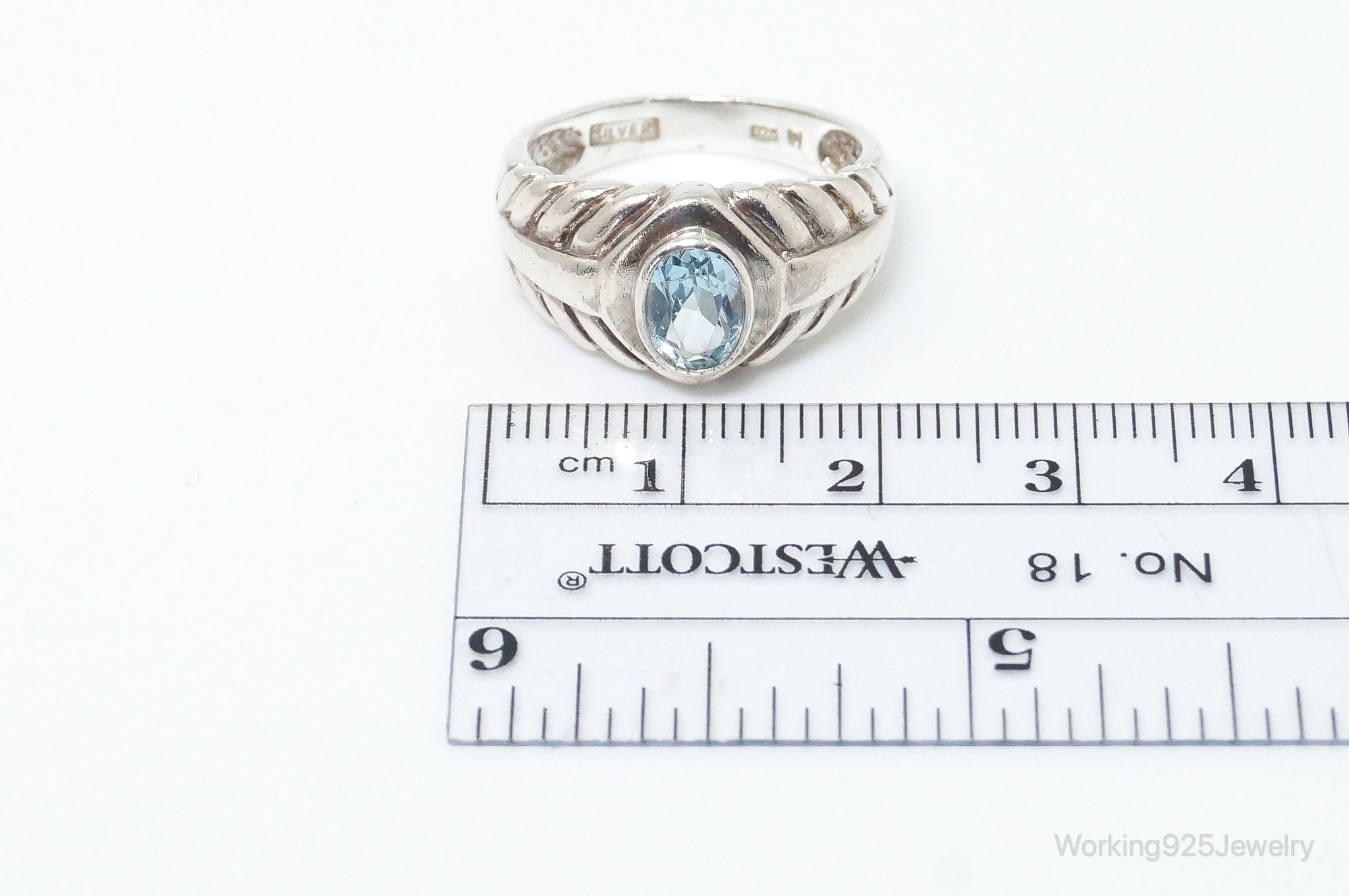 Vintage Art Deco Style Blue Topaz Sterling Silver Ring - SZ 7