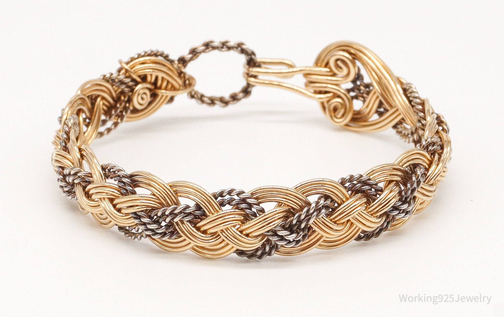 Vintage Intricate Filigree Rope Weave Braid Brass Silver Bracelet