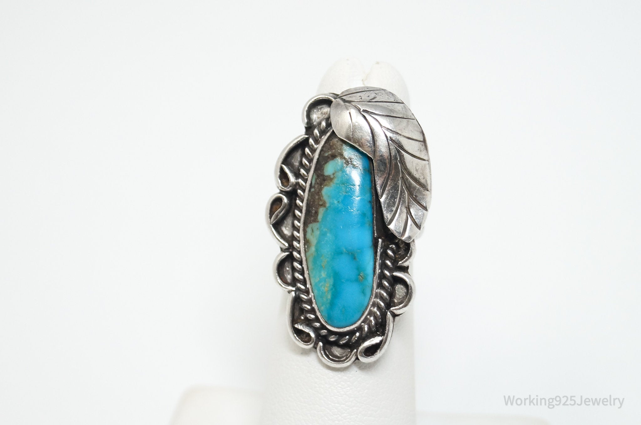 Long Vtg Native American Turquoise Unsigned Sterling Silver Ring - Sz 4.75