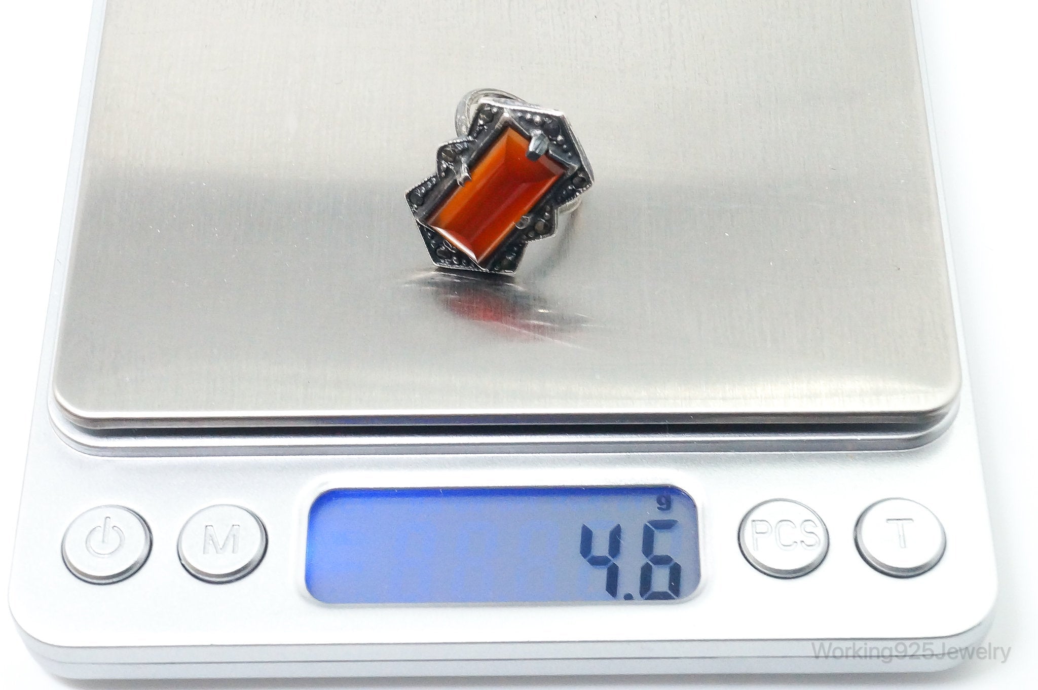 Antique Victorian Carnelian Marcasite Sterling Silver Ring - SZ 4.75
