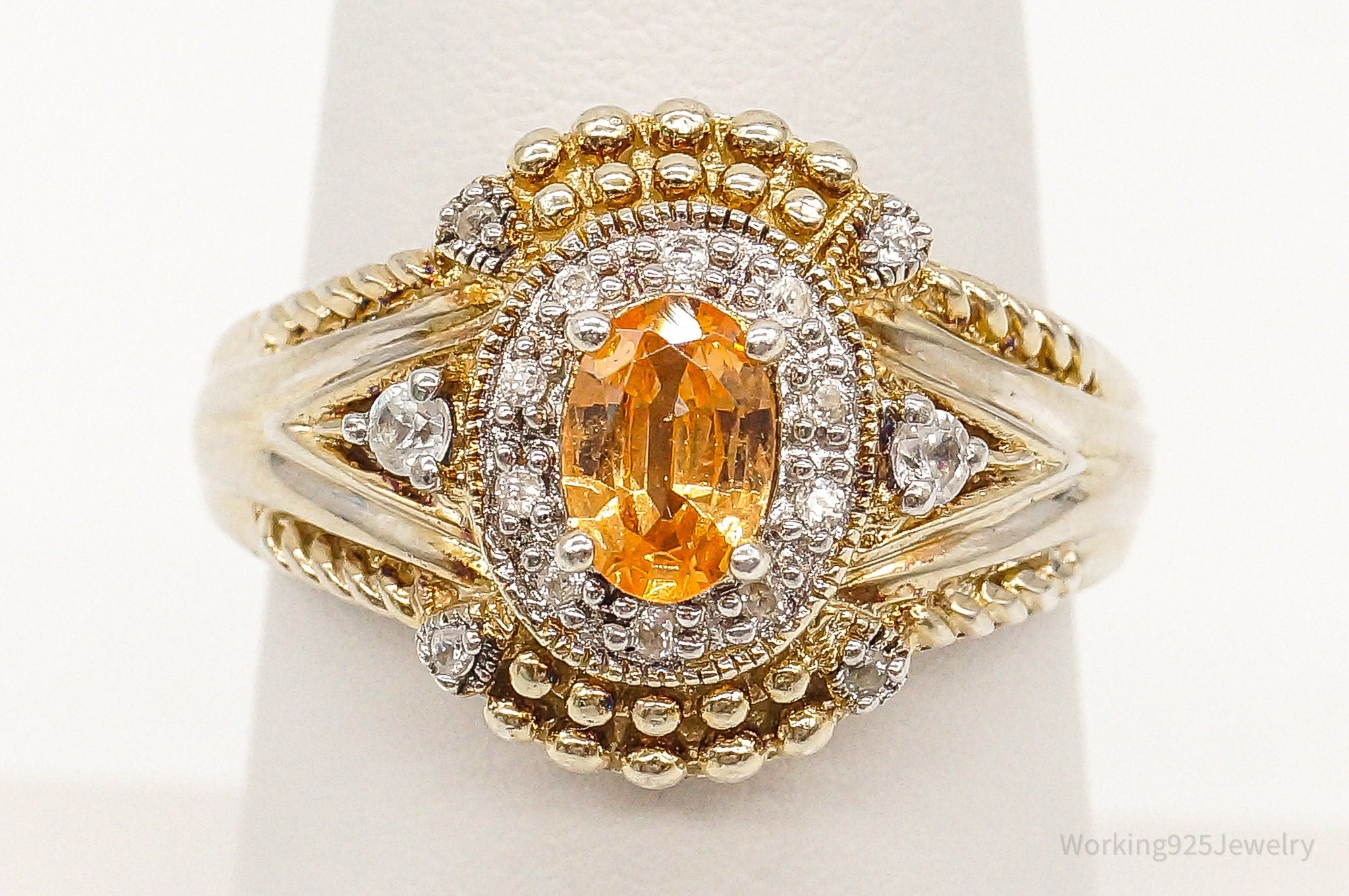 Designer Orange Topaz Cubic Zirconia Gold Vermeil Sterling Silver Ring - Size 7