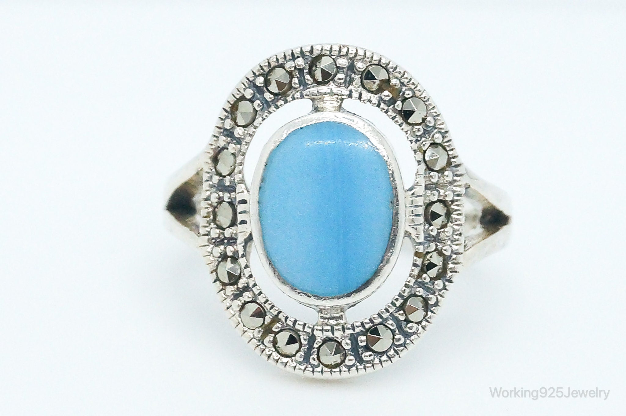 Vintage Art Deco Turquoise Marcasite Sterling Silver Ring - Size 5.75