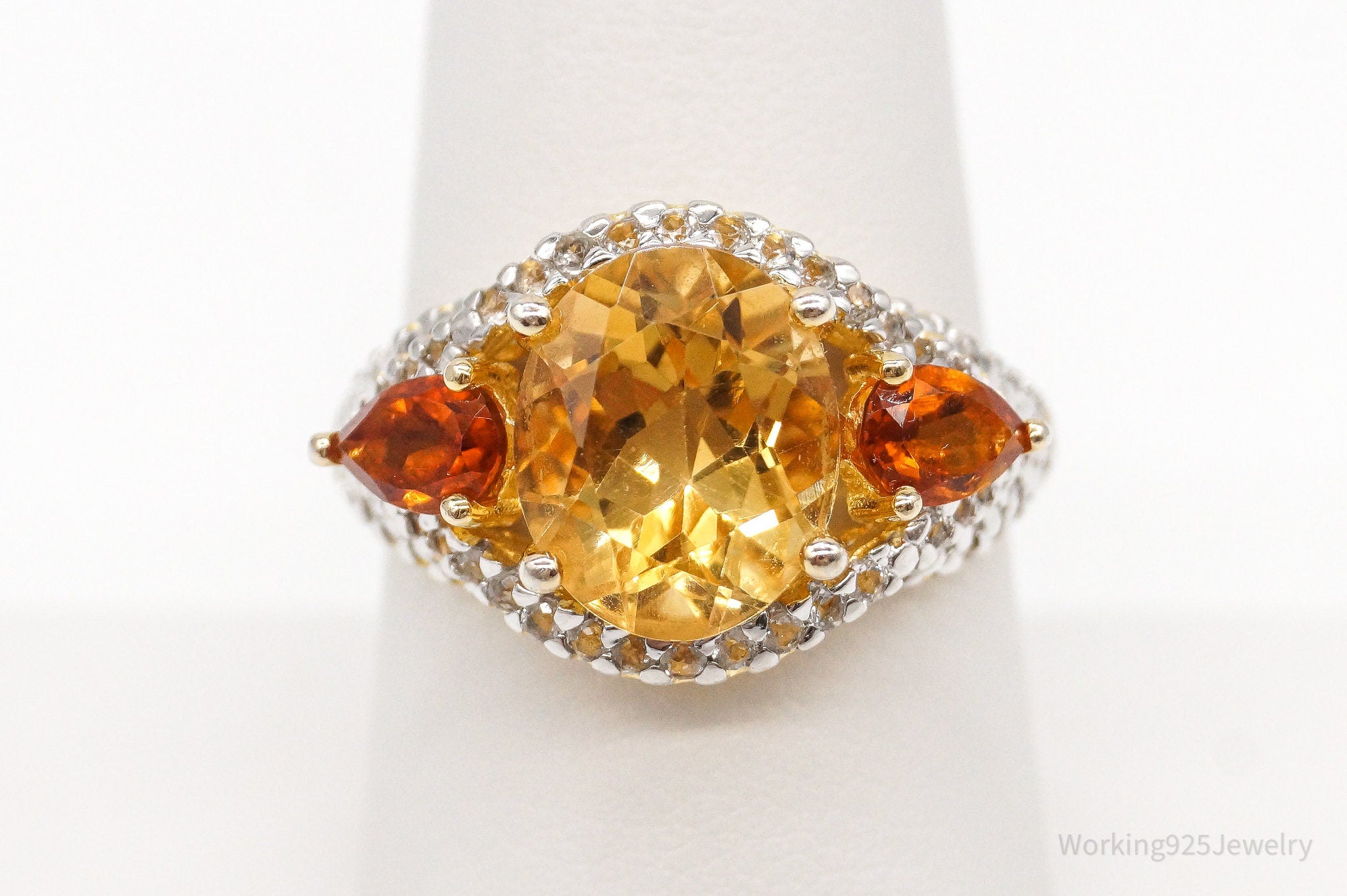 Designer Citrine Cubic Zirconia Gold Vermeil Sterling Silver Ring Size 8