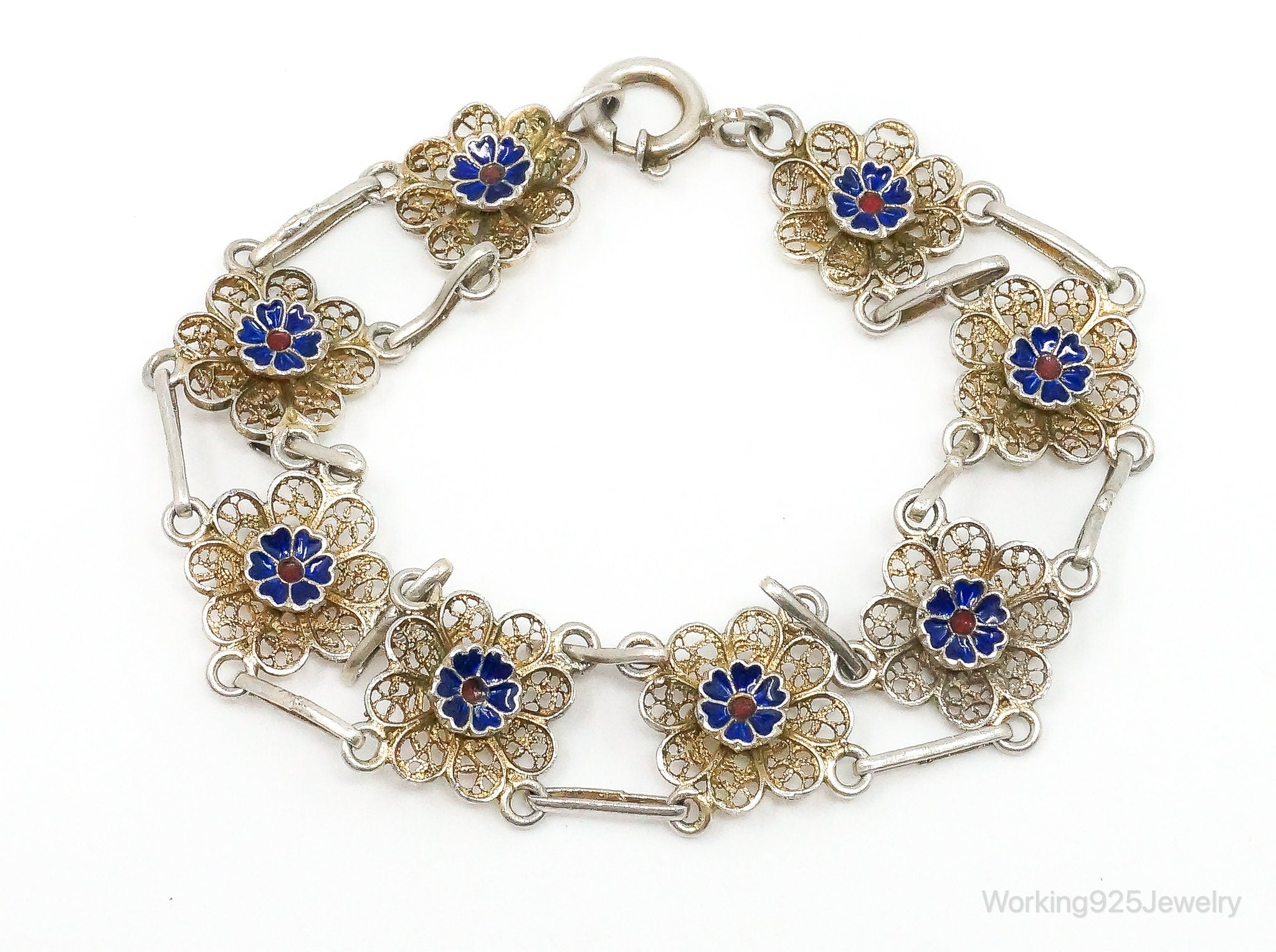 Antique Enamel Flowers 835 Silver Filigree Bracelet