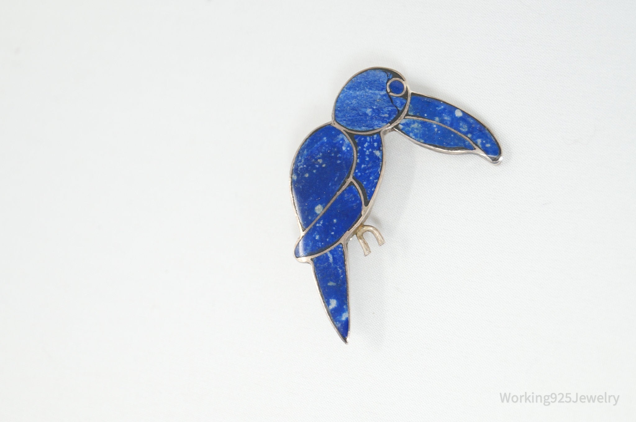 Vintage Handmade Lapis Lazuli Parrot 980 Silver Southwestern Brooch Pendant