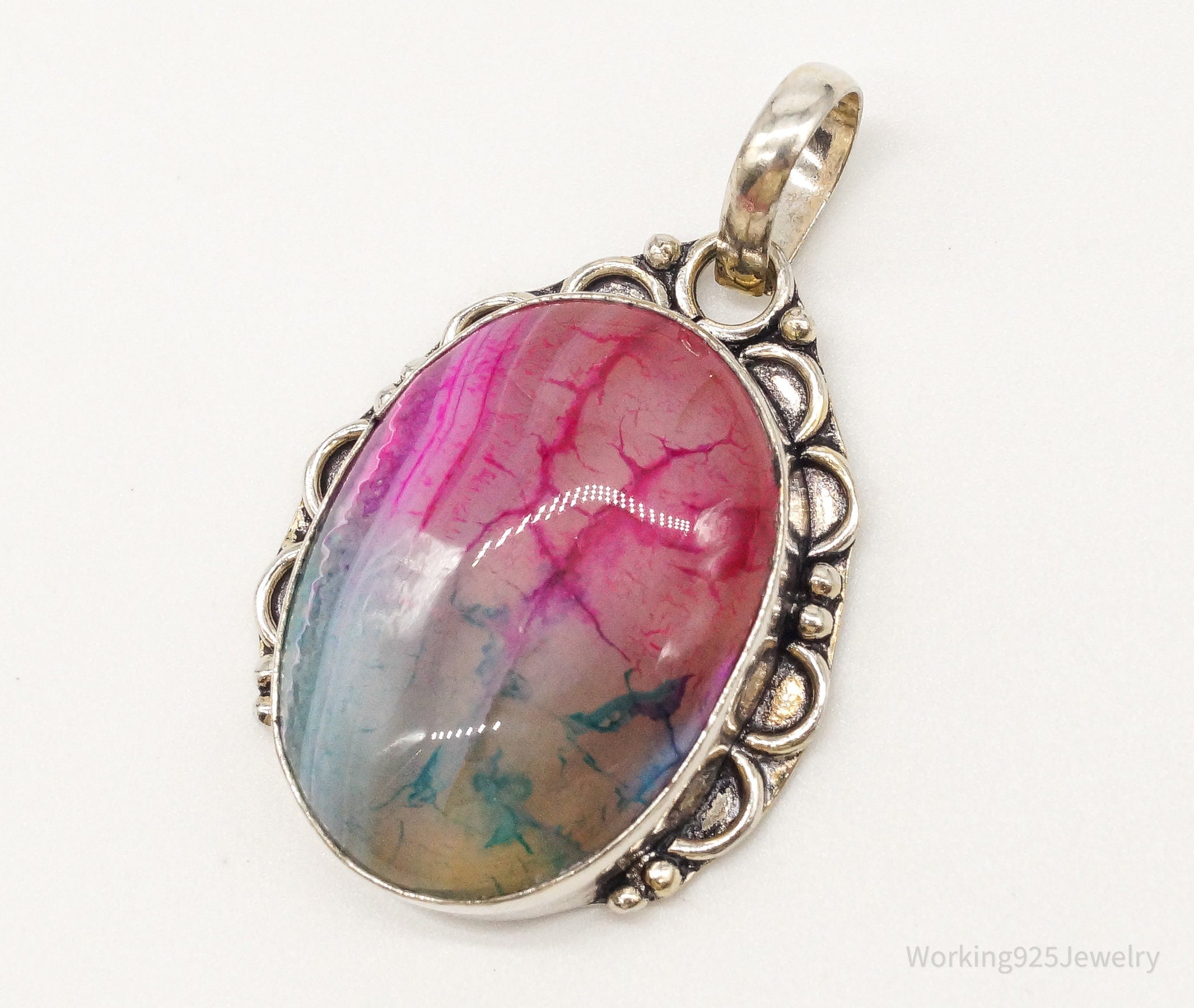 Large Pink & Blue Dyed Stone Bali Sterling Silver Pendant