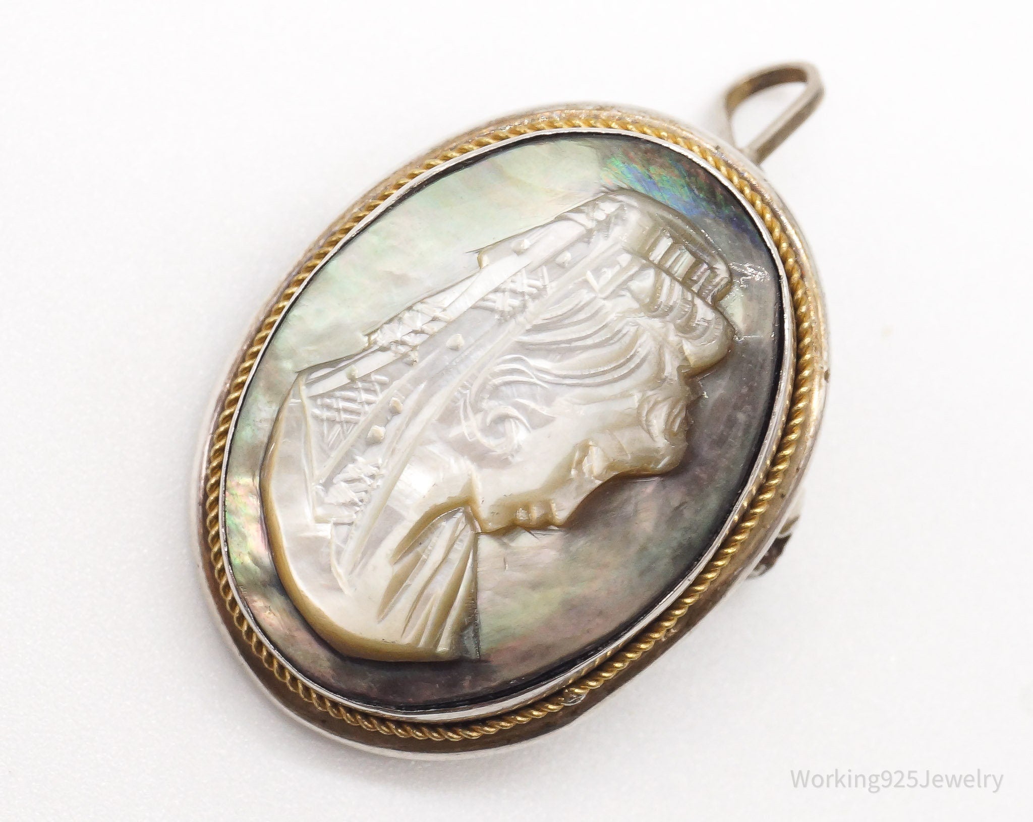 Antique Carved Abalone Shell Woman Cameo 800 Silver Pendant Brooch